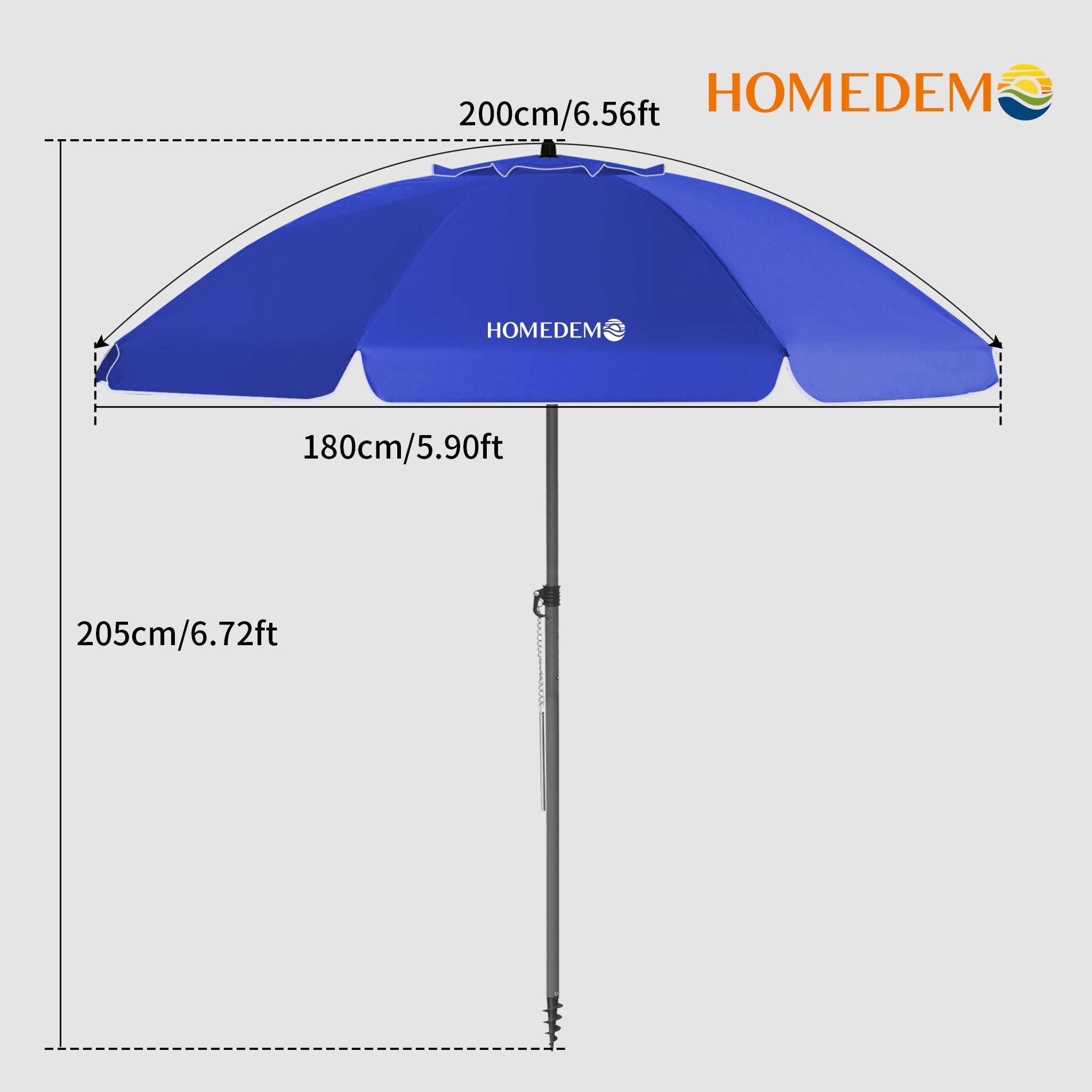 High-quality, durable Blue beach umbrella 205 cm high, 200 cm curved surface, 180 cm diameter