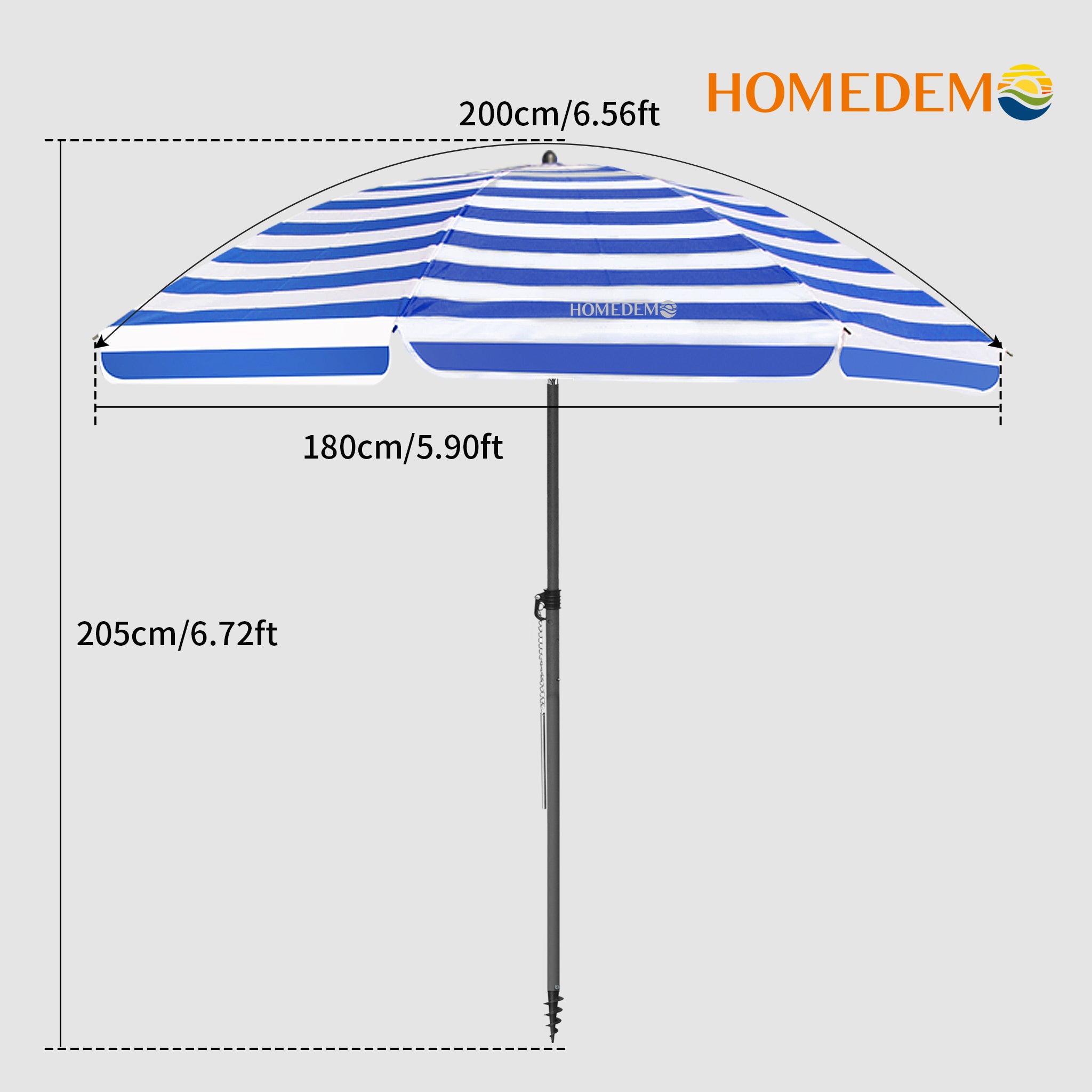 High-quality, durable Blue-White Stripes beach umbrella 205 cm high, 200 cm curved surface, 180 cm diameter