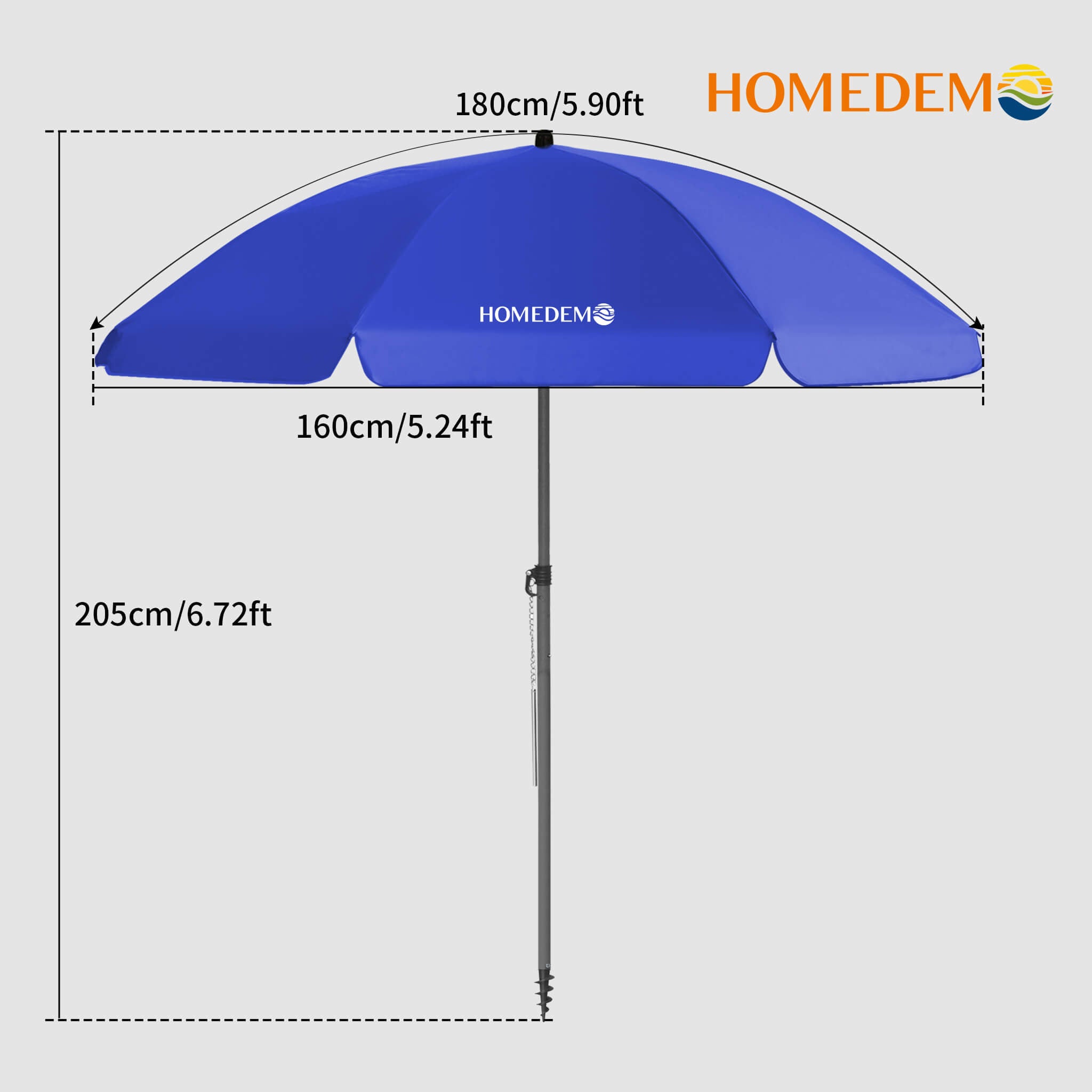 High quality, durable Blue beach umbrella 205cm high, 180cm curved surface, 160cm diameter