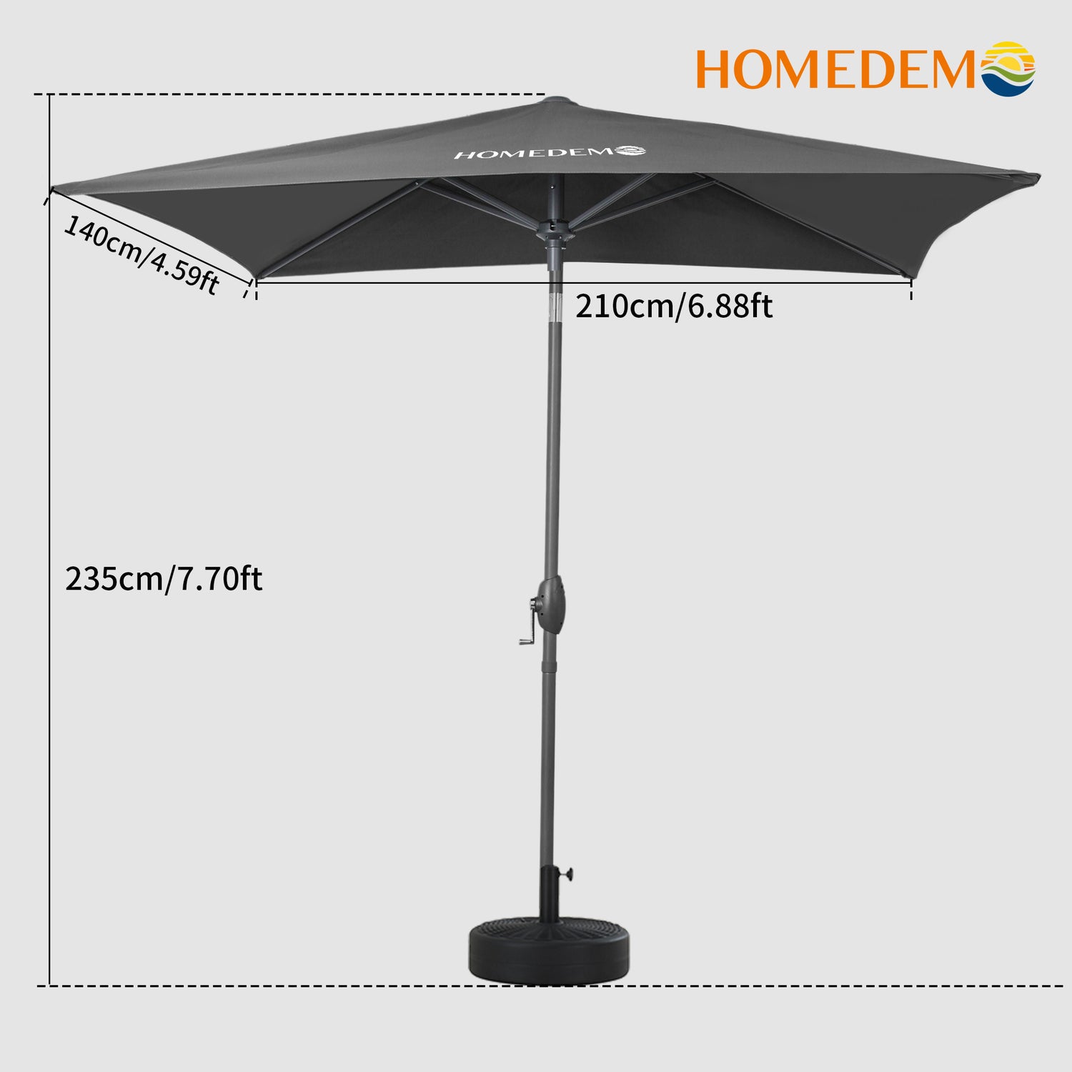 The black Rectangular Patio Parasol Umbrella, 235cm high and 210cm in diameter, can be seen from the front, with the whole umbrella open.th the whole umbrella open.