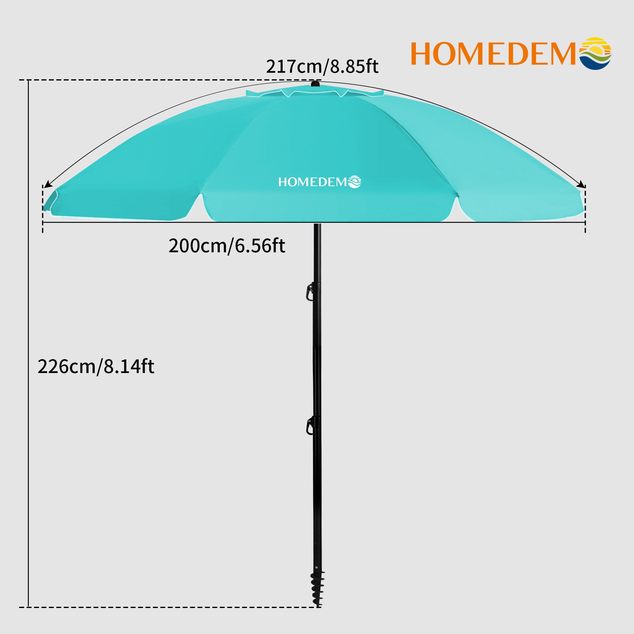 High quality, durable Turquoise foldable beach umbrella 226cm high, 217cm curved top of umbrella, 200cm inner diameter of umbrella