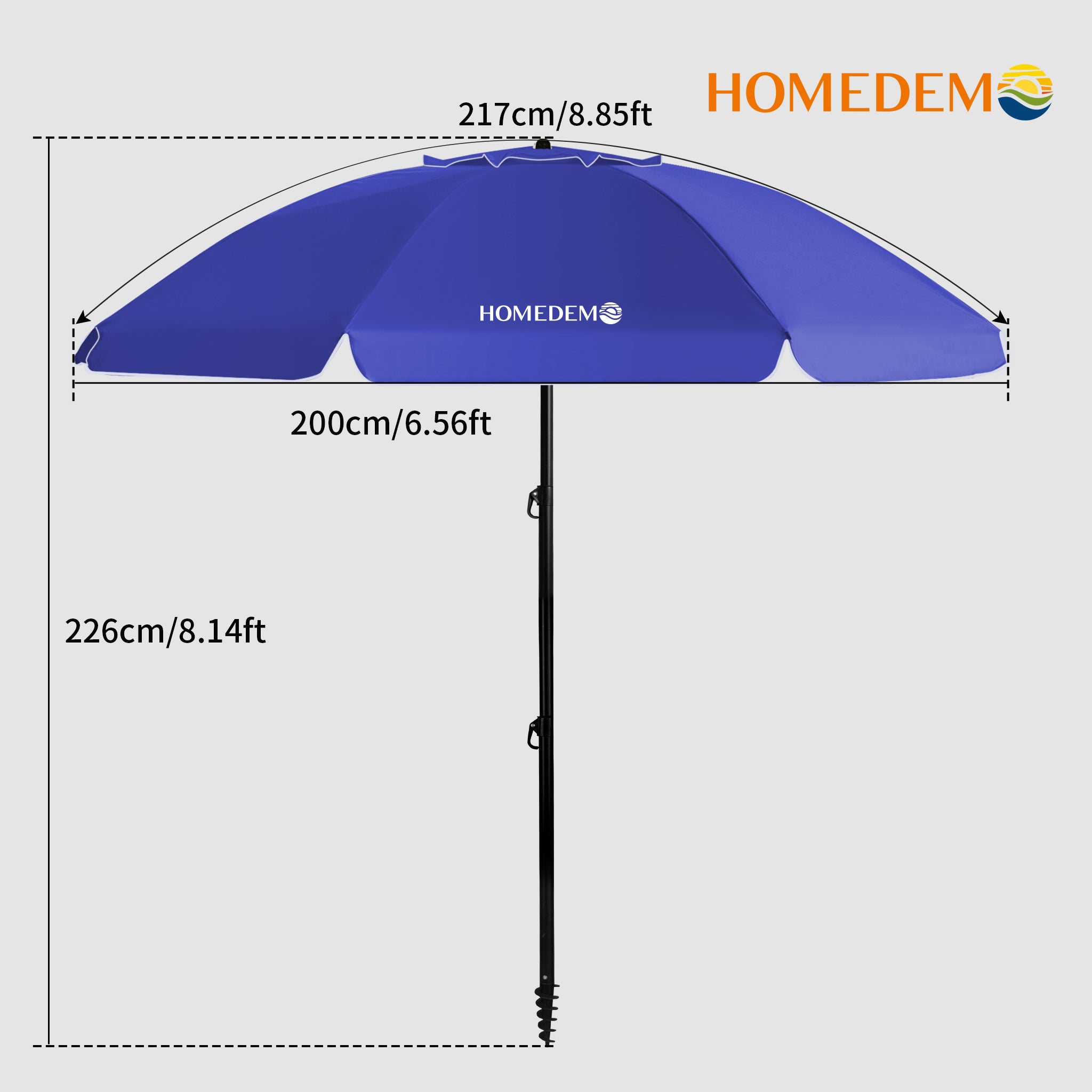 High-quality, durable Blue collapsible beach umbrella, the entire umbrella as seen from the view from above