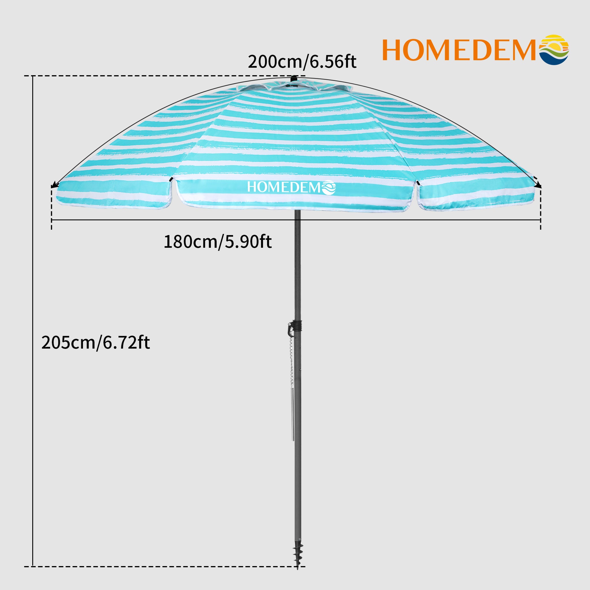 High-quality, durable Turquoise White stripes Stripes beach umbrella 205 cm high, 200 cm curved surface, 180 cm diameter