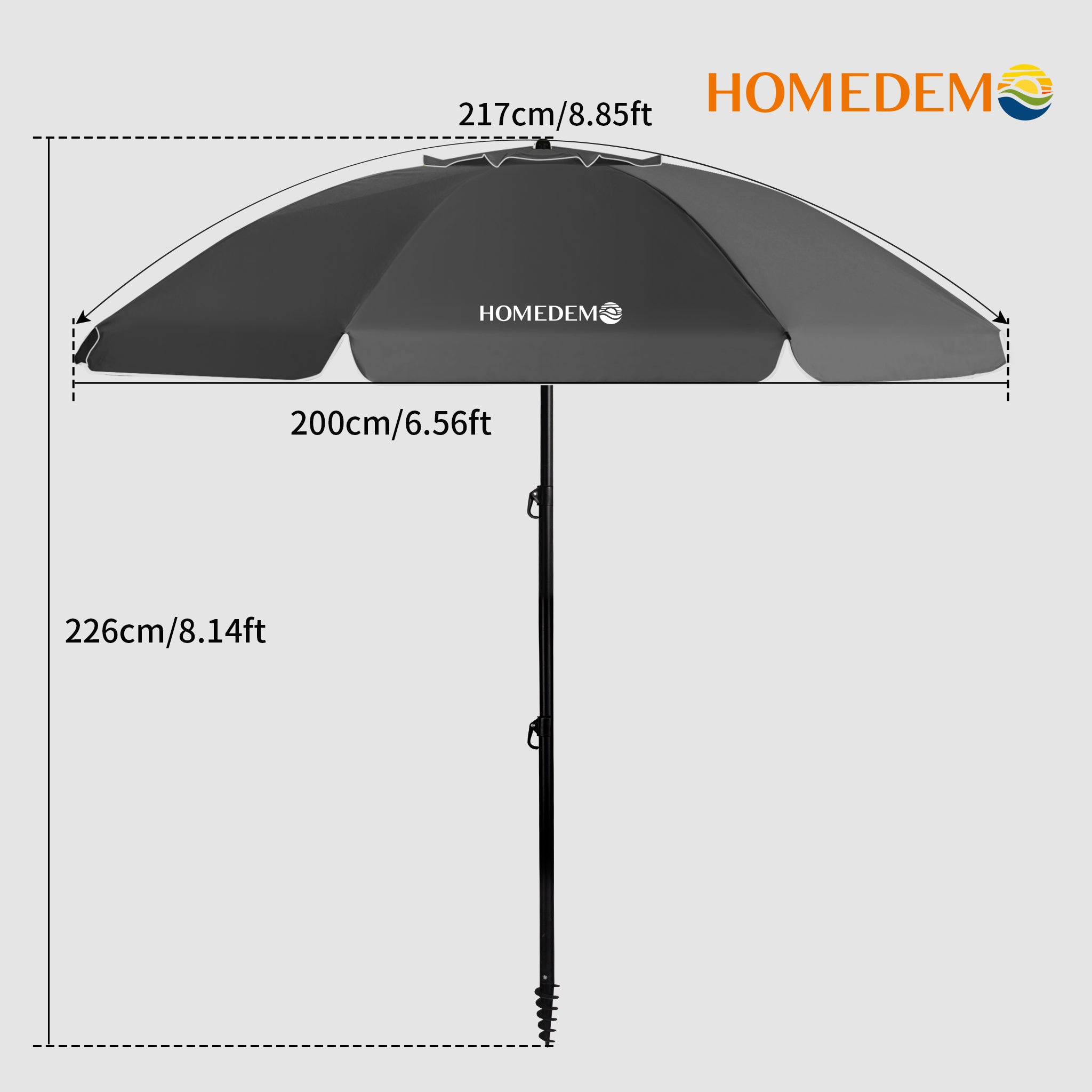 High quality, durable Black foldable beach umbrella 226cm high, 217cm curved top end of umbrella, 200cm inner diameter of umbrella