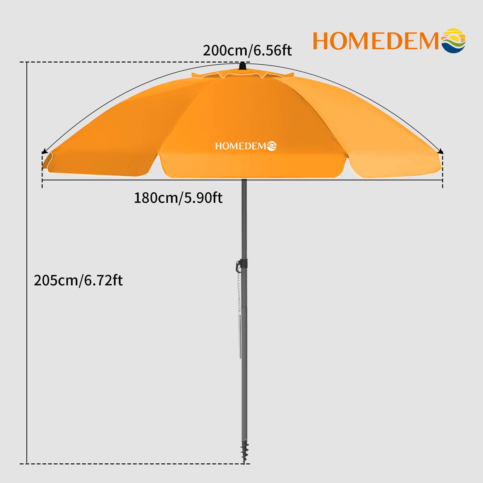 High-quality, durable Orange beach umbrella 205 cm high, 200 cm curved surface, 180 cm diameter