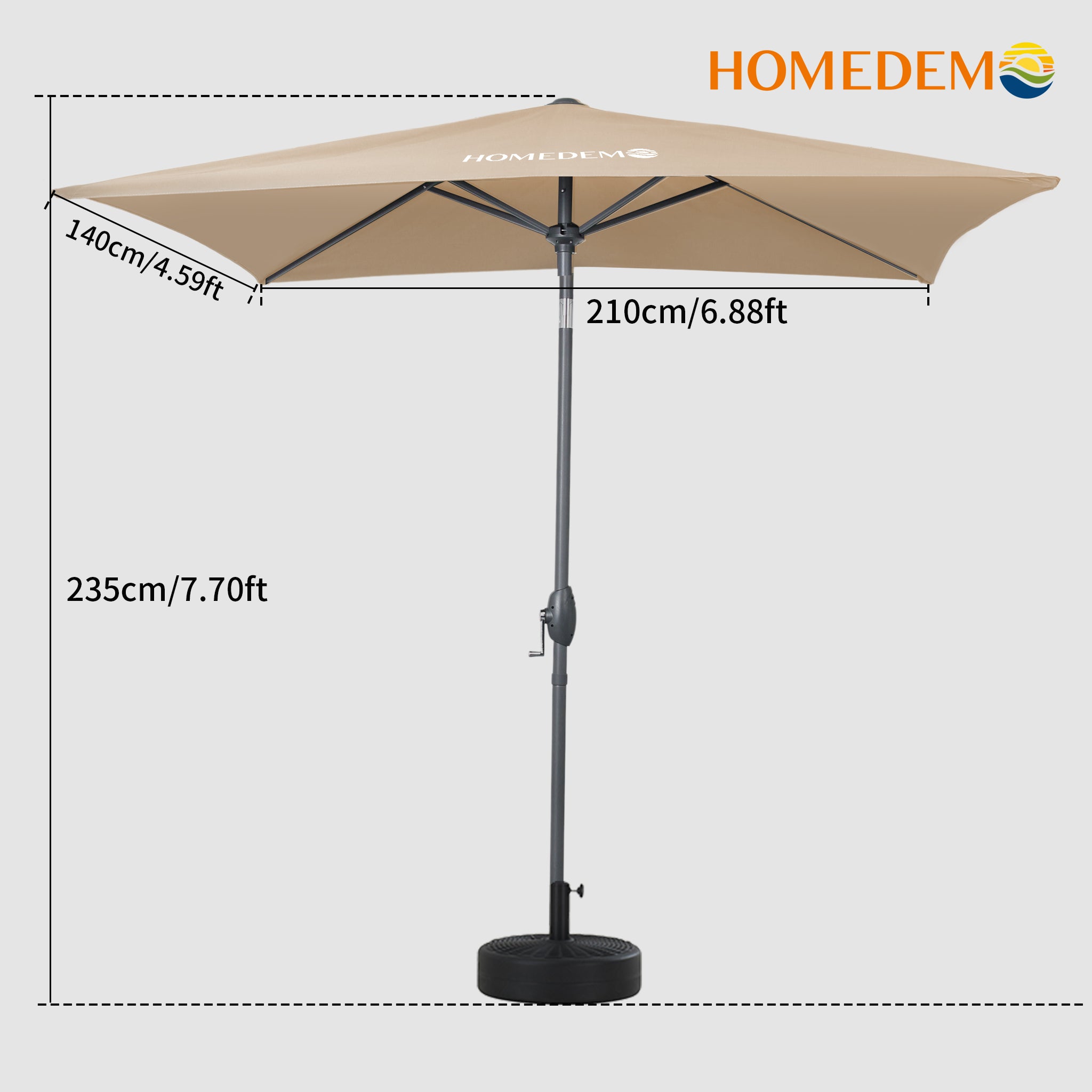 The khaki Rectangular Patio Parasol Umbrella, 235cm high and 210cm in diameter, can be seen from the front, with the whole umbrella open.