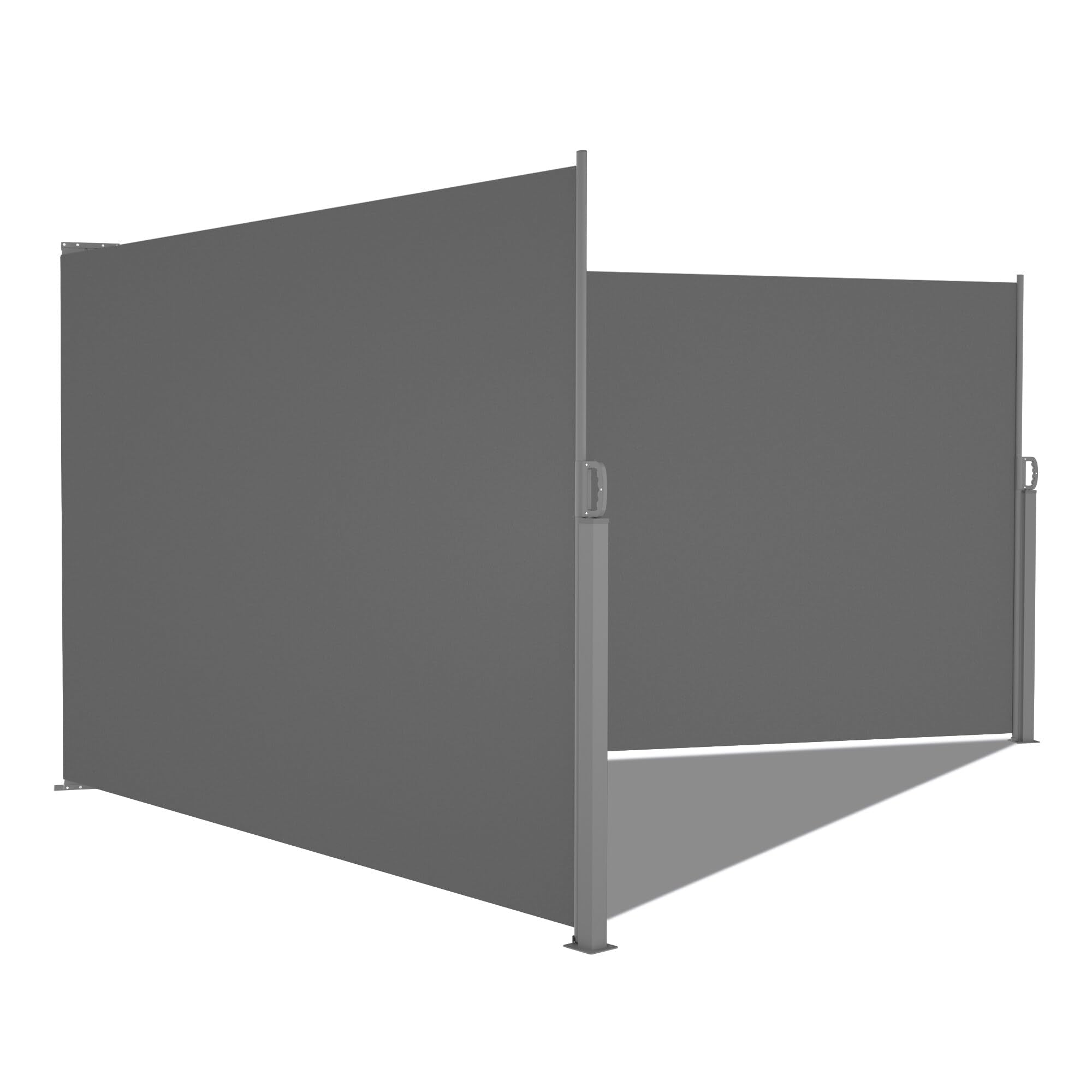 Extendible Double Side Pull Slide Awning that is fully pulled apart and folded to a certain angle of inclination when viewed from the outside of the front.