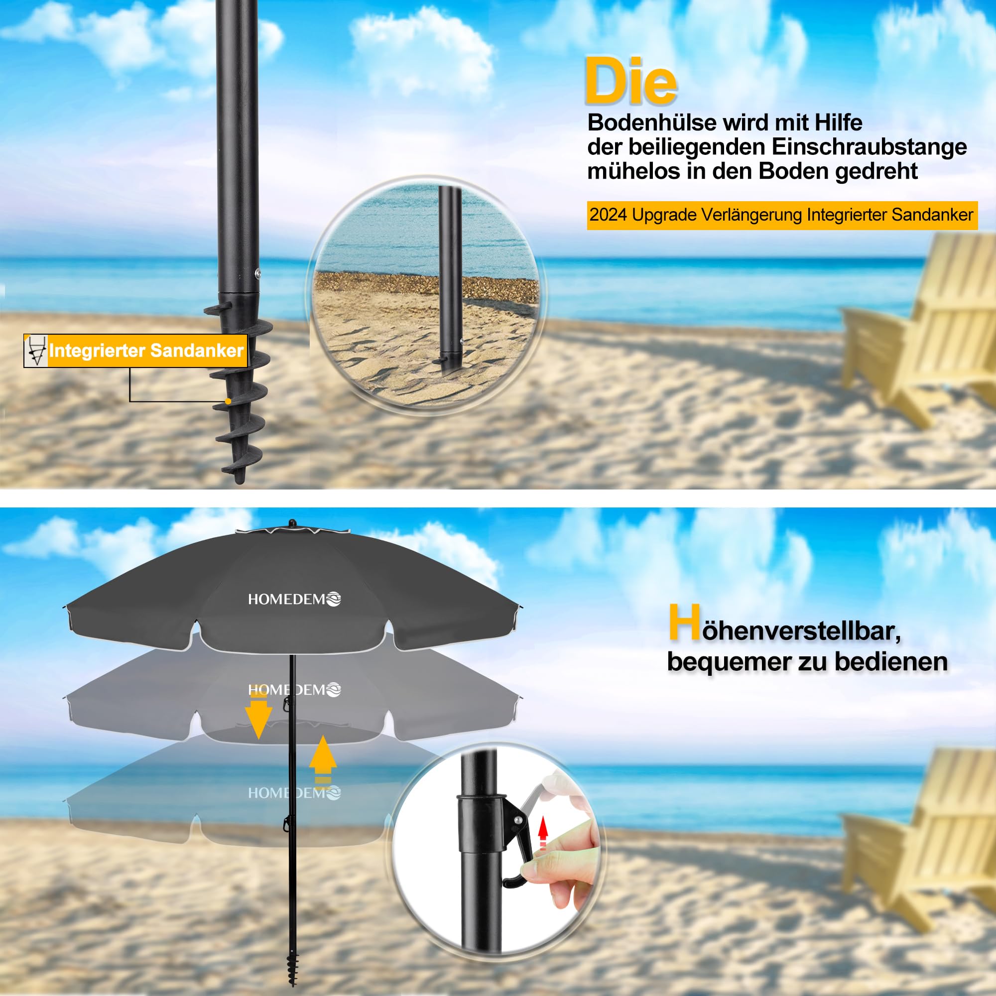 HOMEDEMO Groß Faltbarer Strandschirm Sonnenschirm Strand windfest 217cm