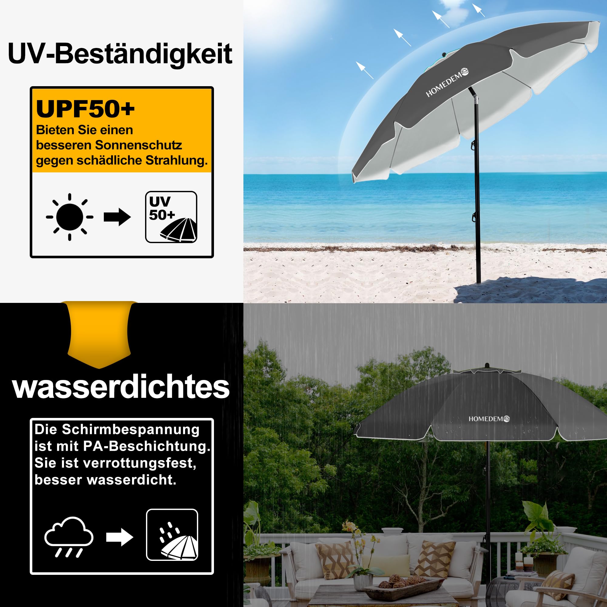 HOMEDEMO Groß Faltbarer Strandschirm Sonnenschirm Strand windfest 217cm