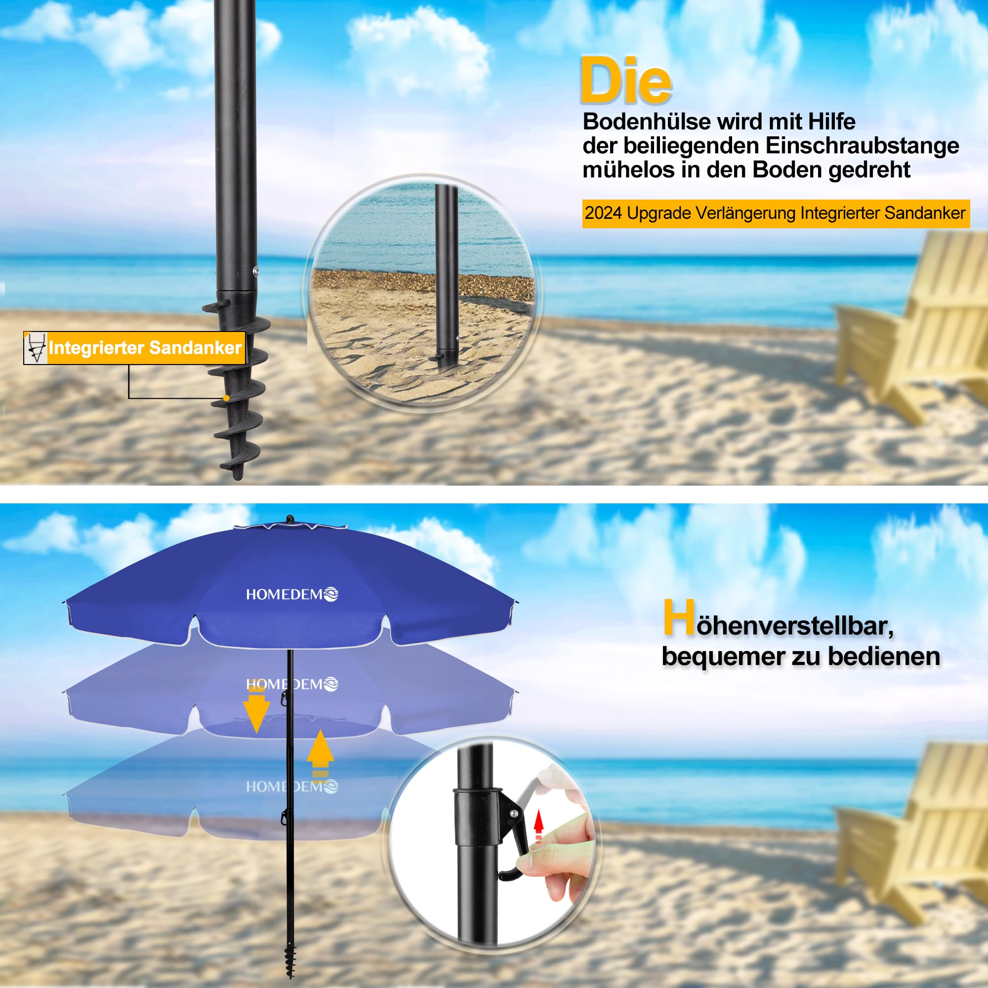 HOMEDEMO Groß Faltbarer Strandschirm Sonnenschirm Strand windfest 217cm
