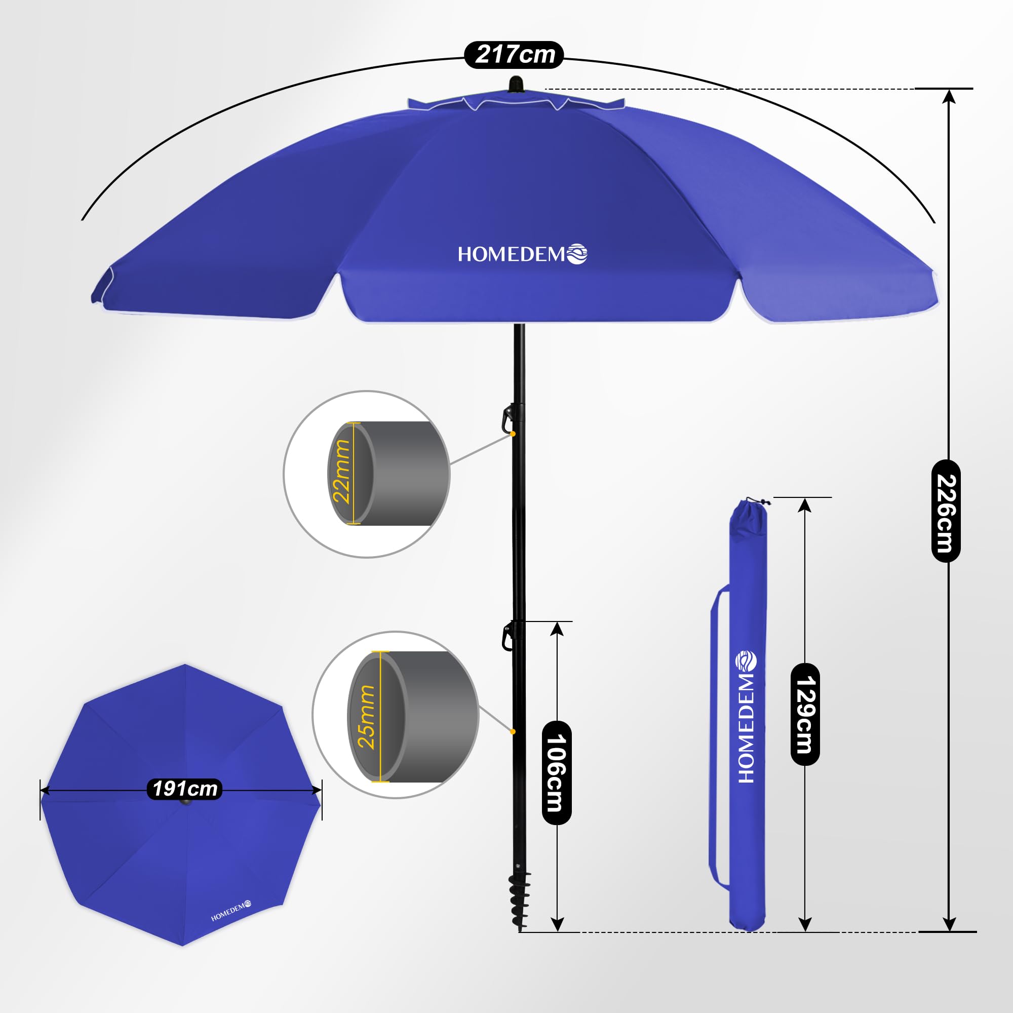 HOMEDEMO Groß Faltbarer Strandschirm Sonnenschirm Strand windfest 217cm
