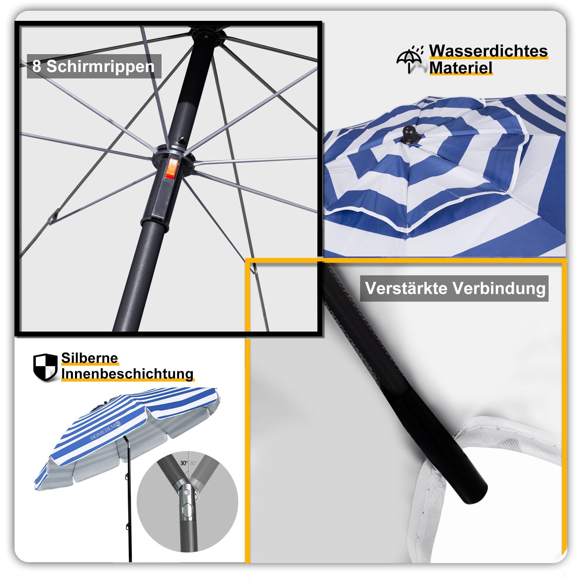 HOMEDEMO Groß Faltbarer Strandschirm Sonnenschirm Strand windfest 217cm