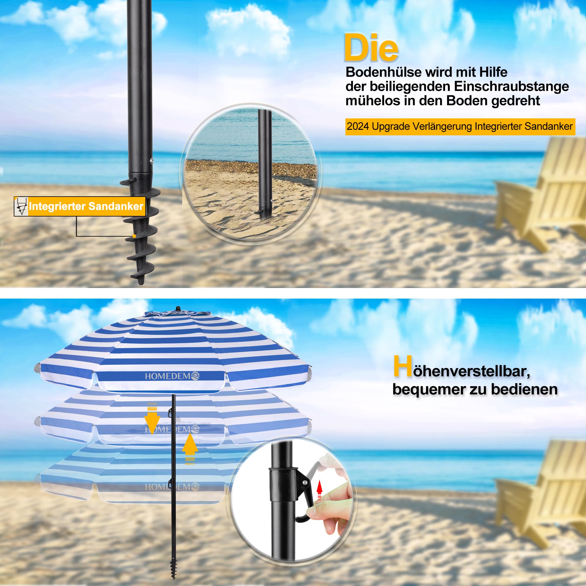 HOMEDEMO Groß Faltbarer Strandschirm Sonnenschirm Strand windfest 217cm