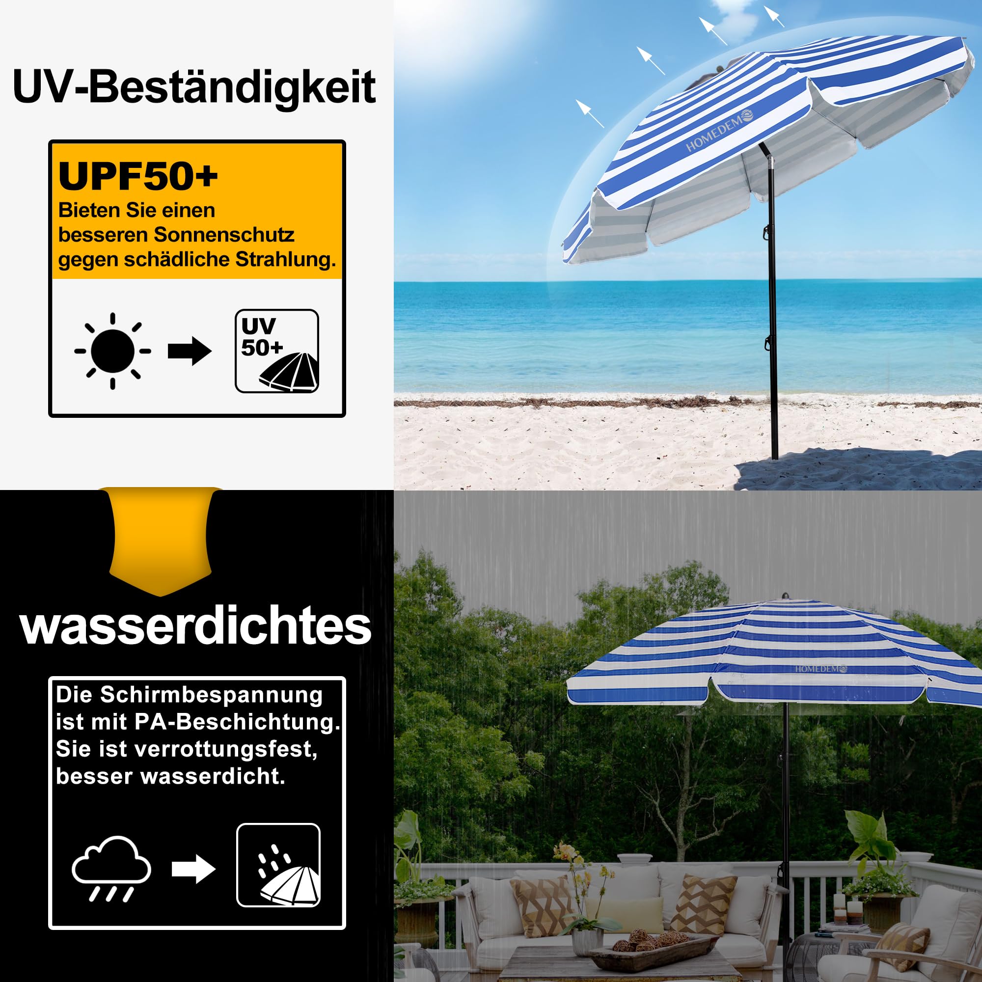 HOMEDEMO Groß Faltbarer Strandschirm Sonnenschirm Strand windfest 217cm