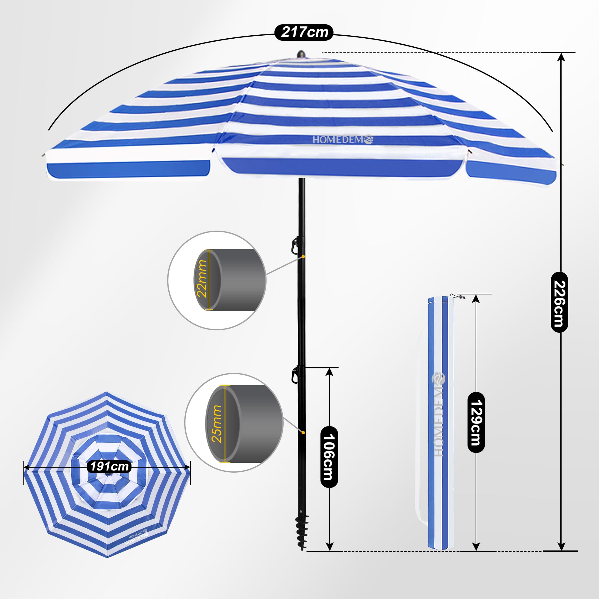 HOMEDEMO Groß Faltbarer Strandschirm Sonnenschirm Strand windfest 217cm