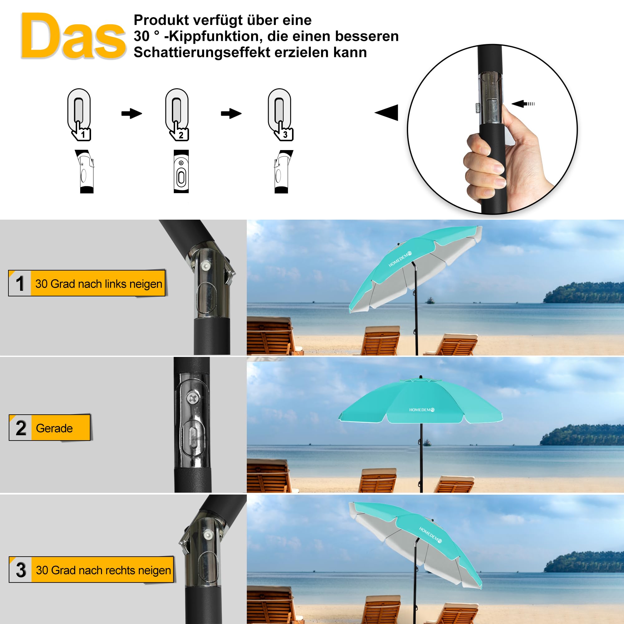 HOMEDEMO Groß Faltbarer Strandschirm Sonnenschirm Strand windfest 217cm