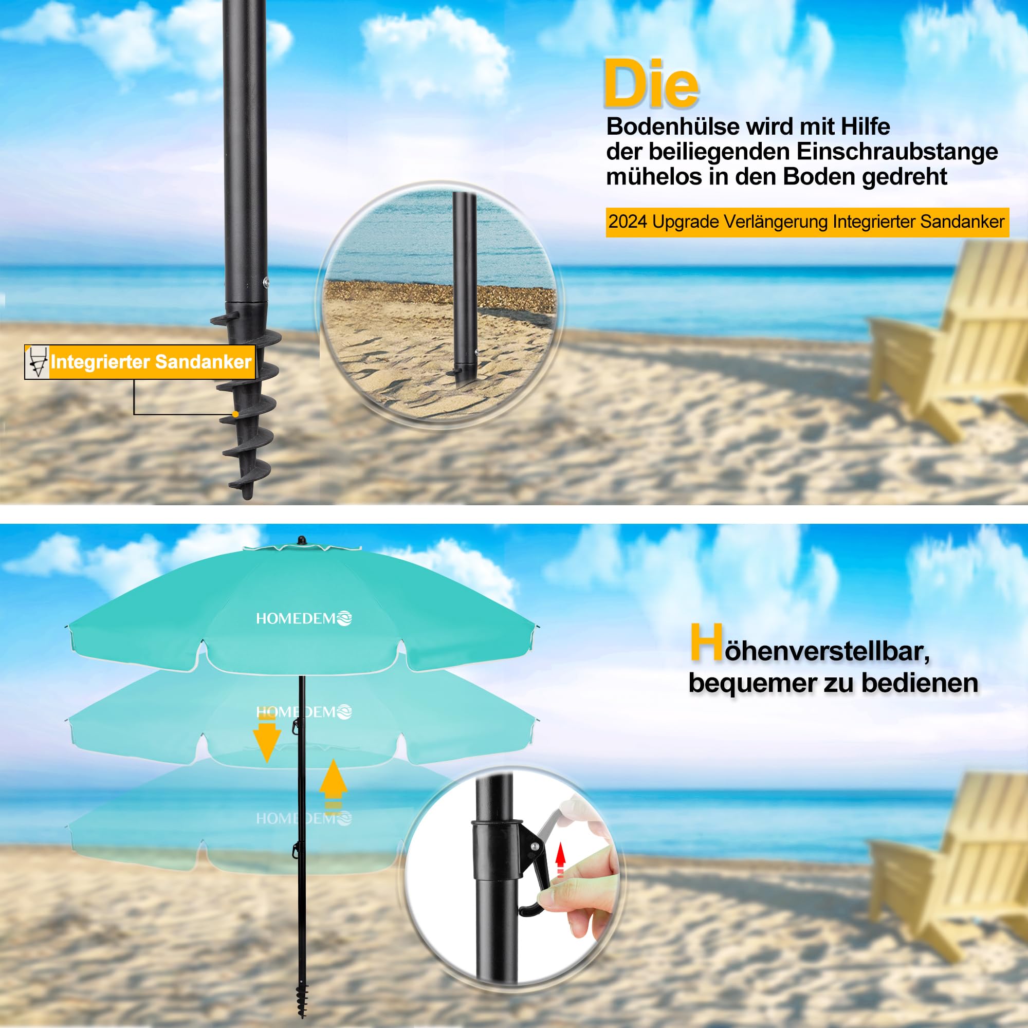 HOMEDEMO Groß Faltbarer Strandschirm Sonnenschirm Strand windfest 217cm