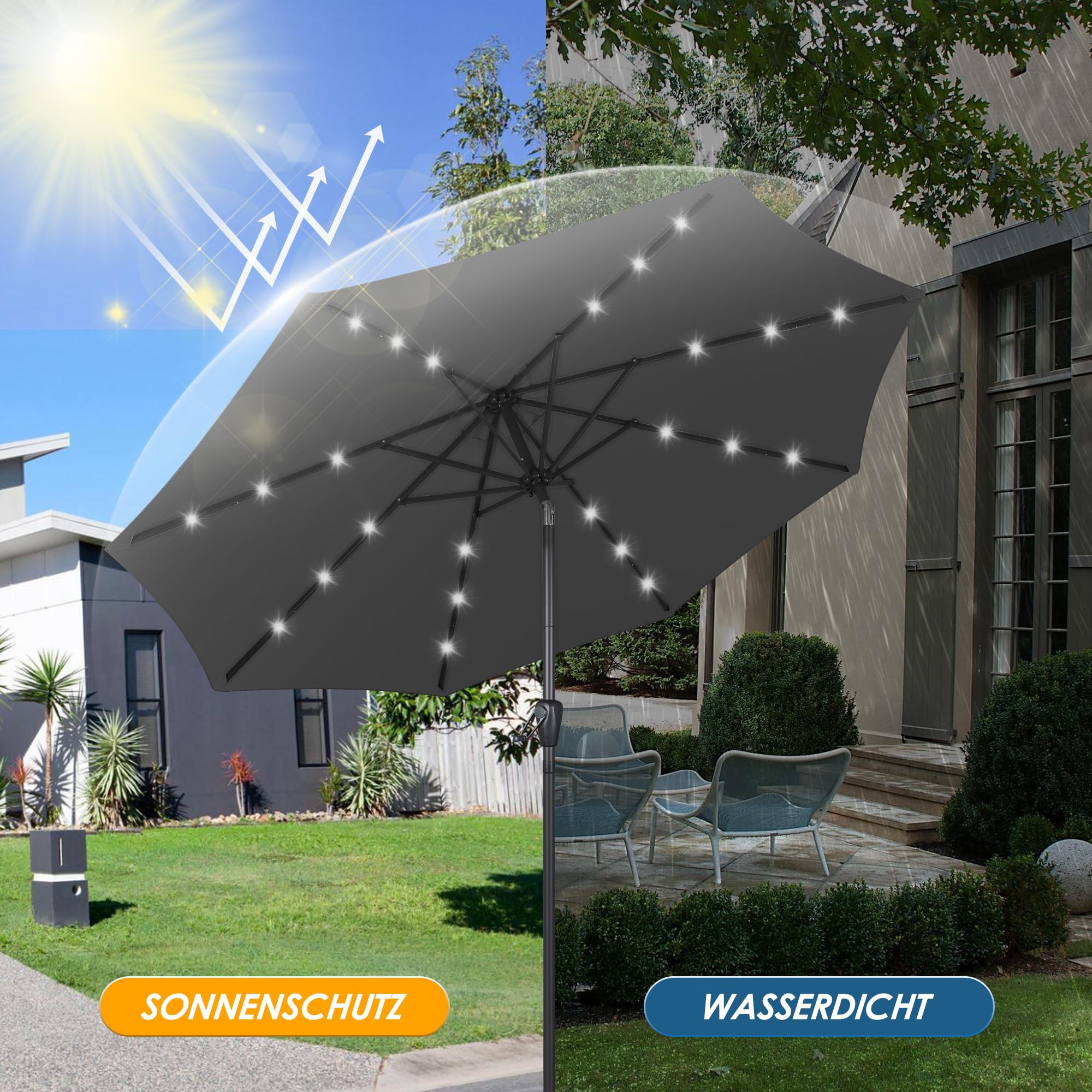 HOMEDEMO Groß Garten Sonnenschirme mit Kurbel und LED-Licht