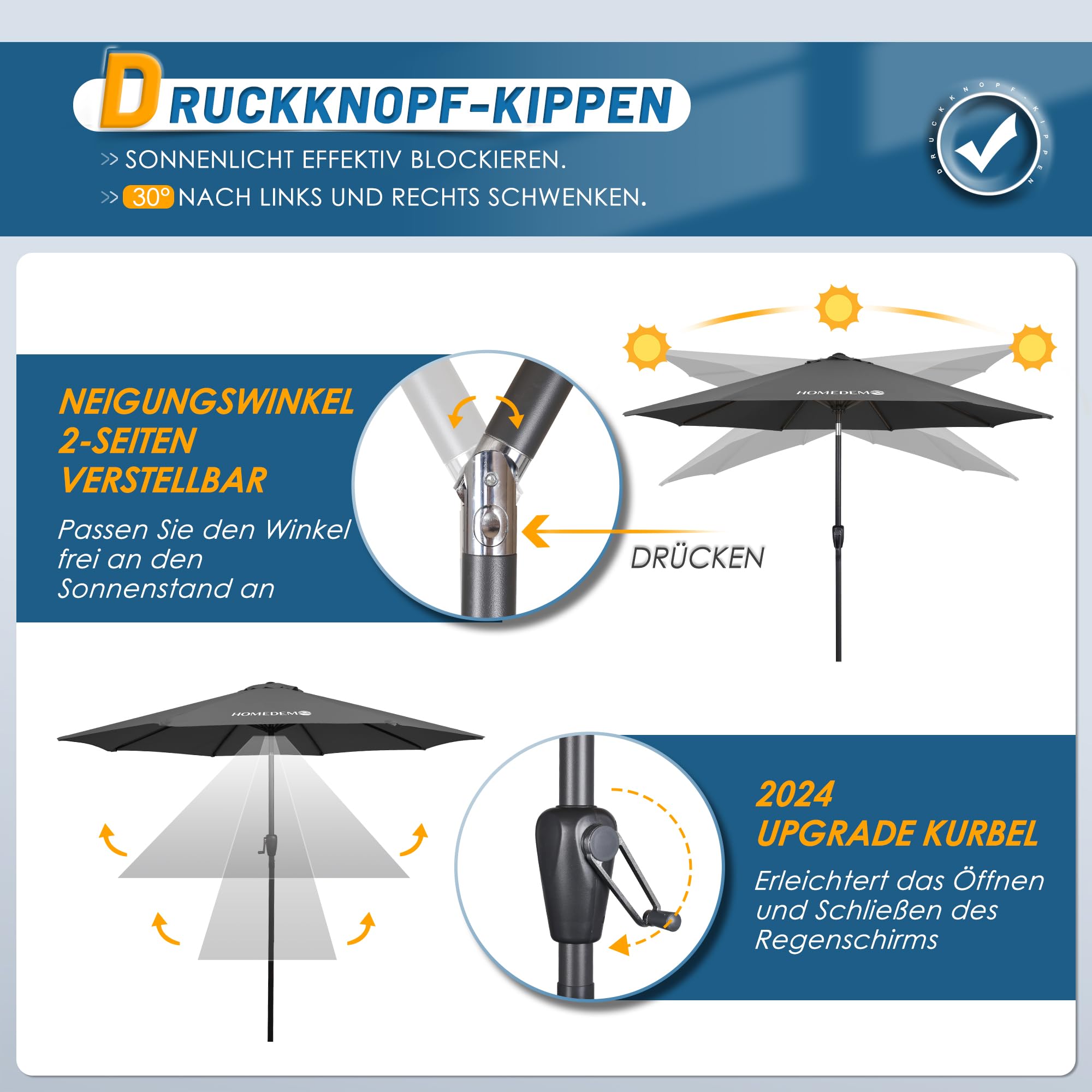 HOMEDEMO Groß Garten Sonnenschirme mit Kurbel und LED-Licht