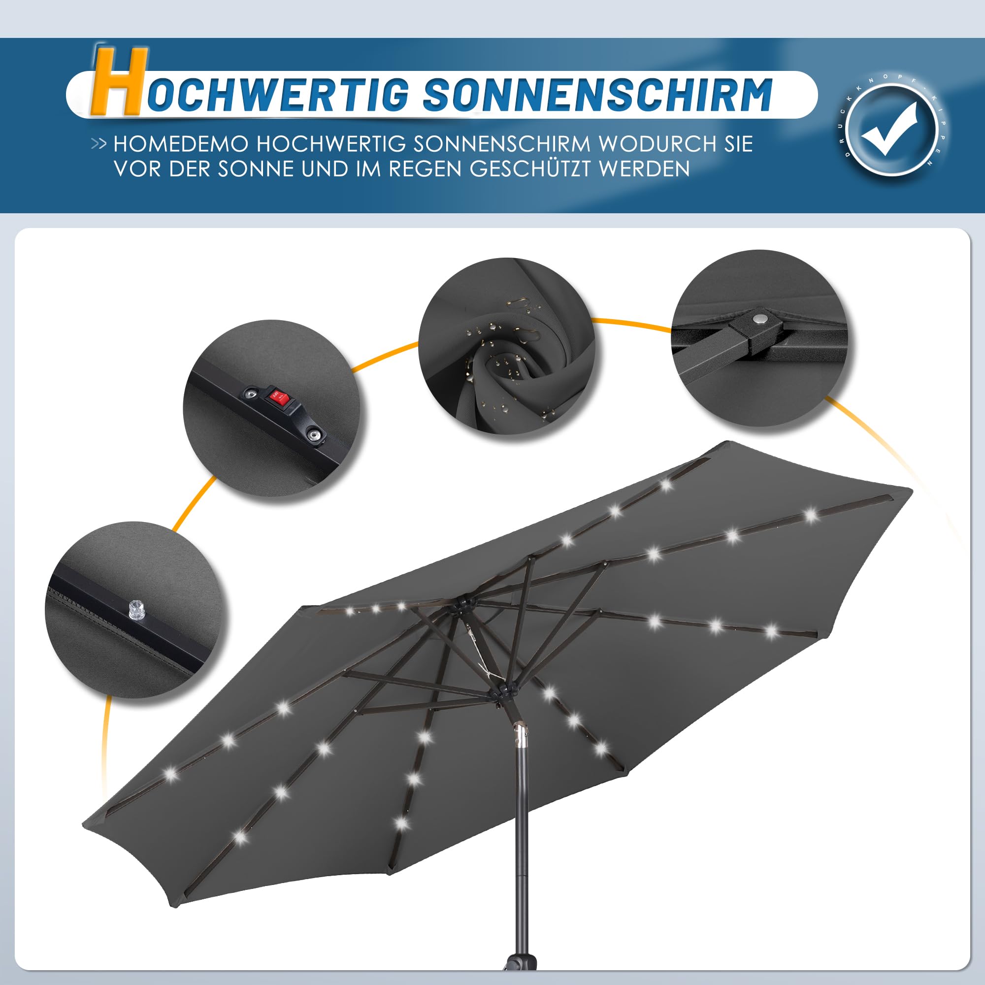 HOMEDEMO Groß Garten Sonnenschirme mit Kurbel und LED-Licht