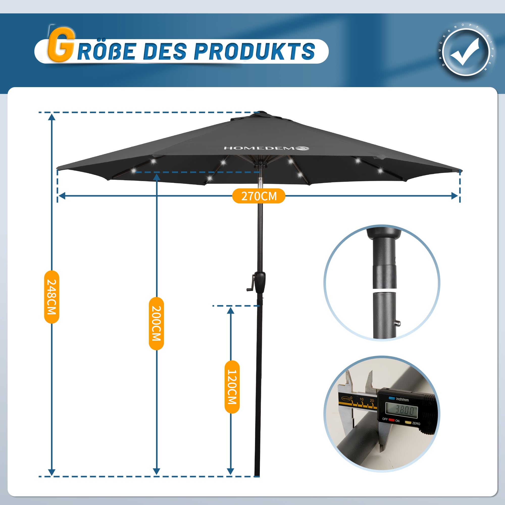 HOMEDEMO Groß Garten Sonnenschirme mit Kurbel und LED-Licht