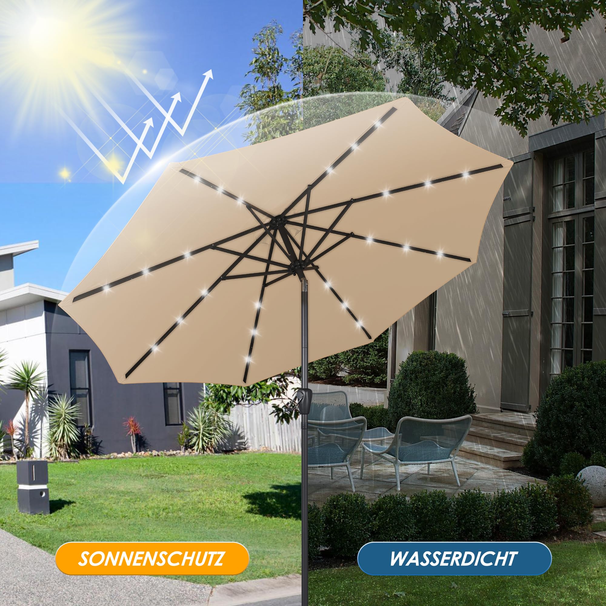 HOMEDEMO Groß Garten Sonnenschirme mit Kurbel und LED-Licht