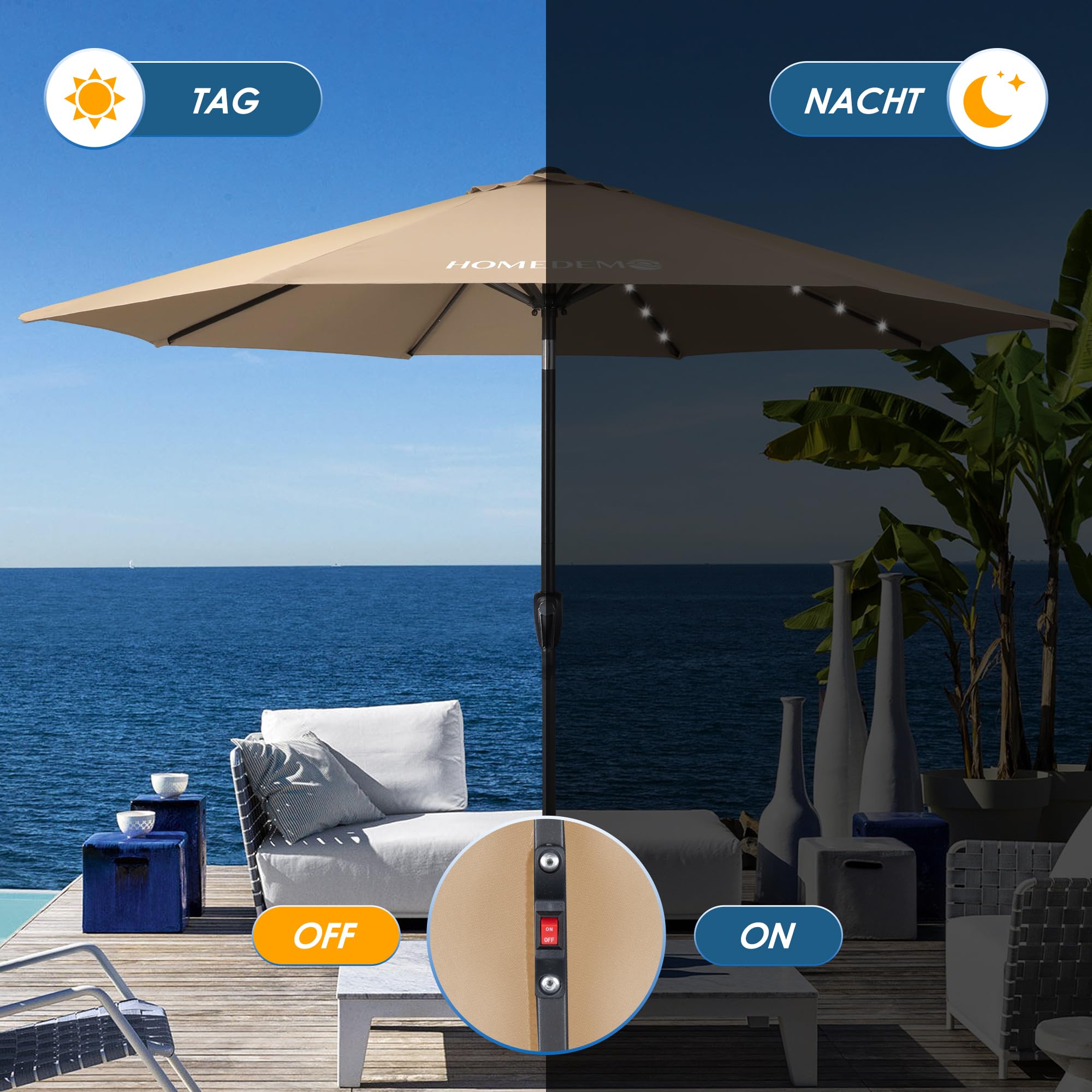 HOMEDEMO Groß Garten Sonnenschirme mit Kurbel und LED-Licht