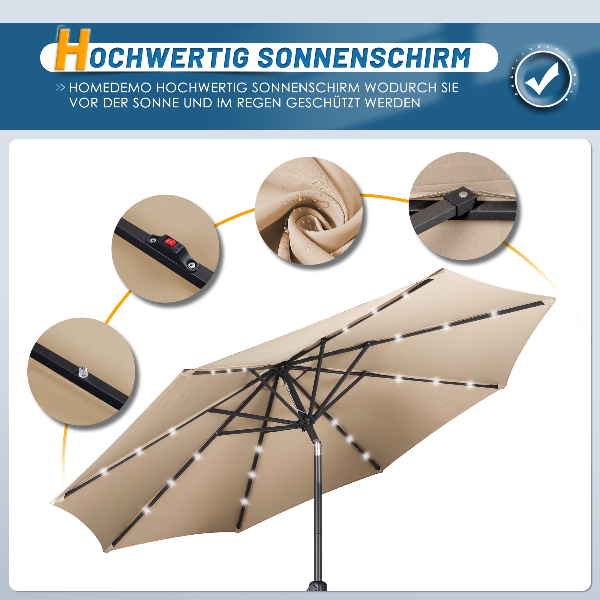 HOMEDEMO Groß Garten Sonnenschirme mit Kurbel und LED-Licht