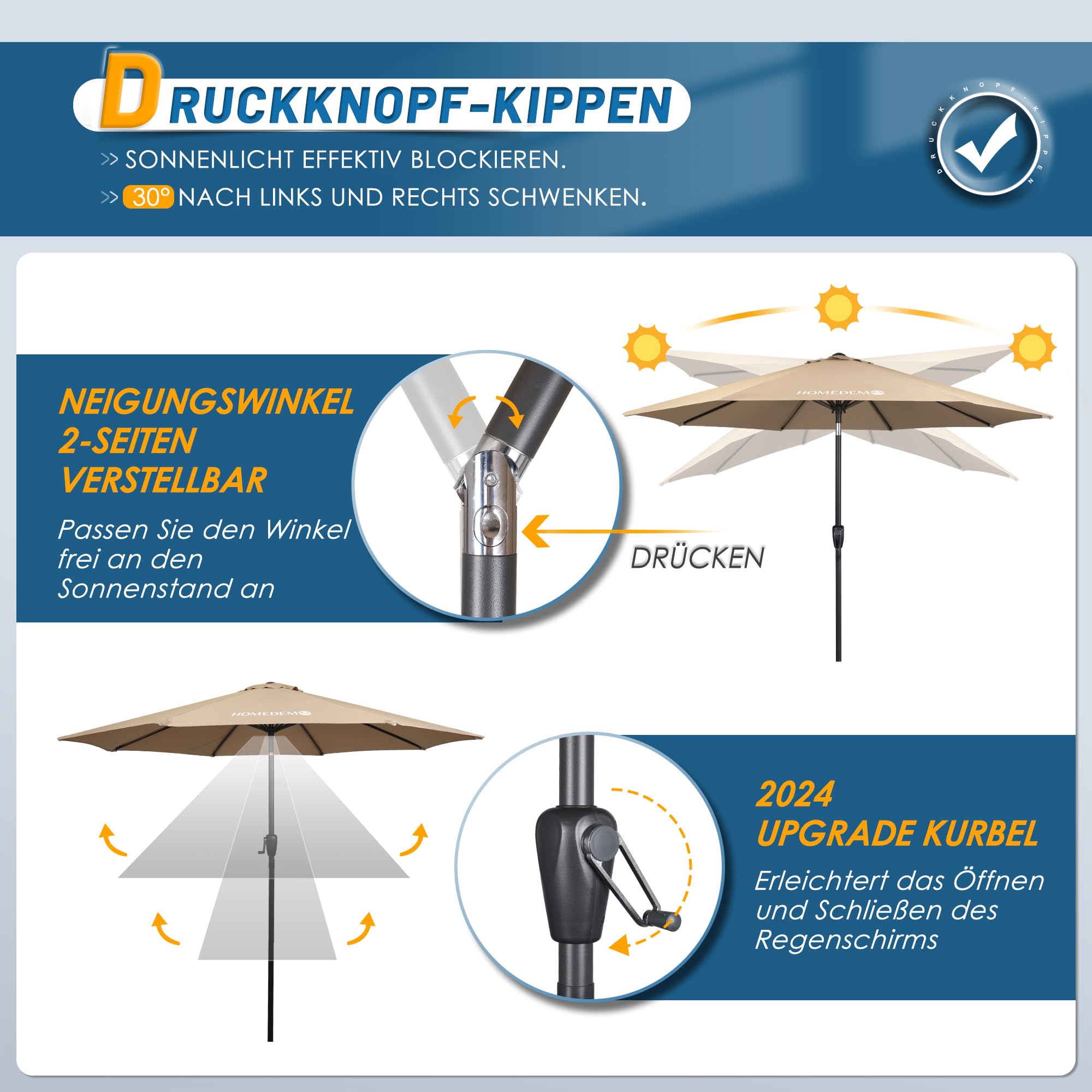 HOMEDEMO Groß Garten Sonnenschirme mit Kurbel und LED-Licht