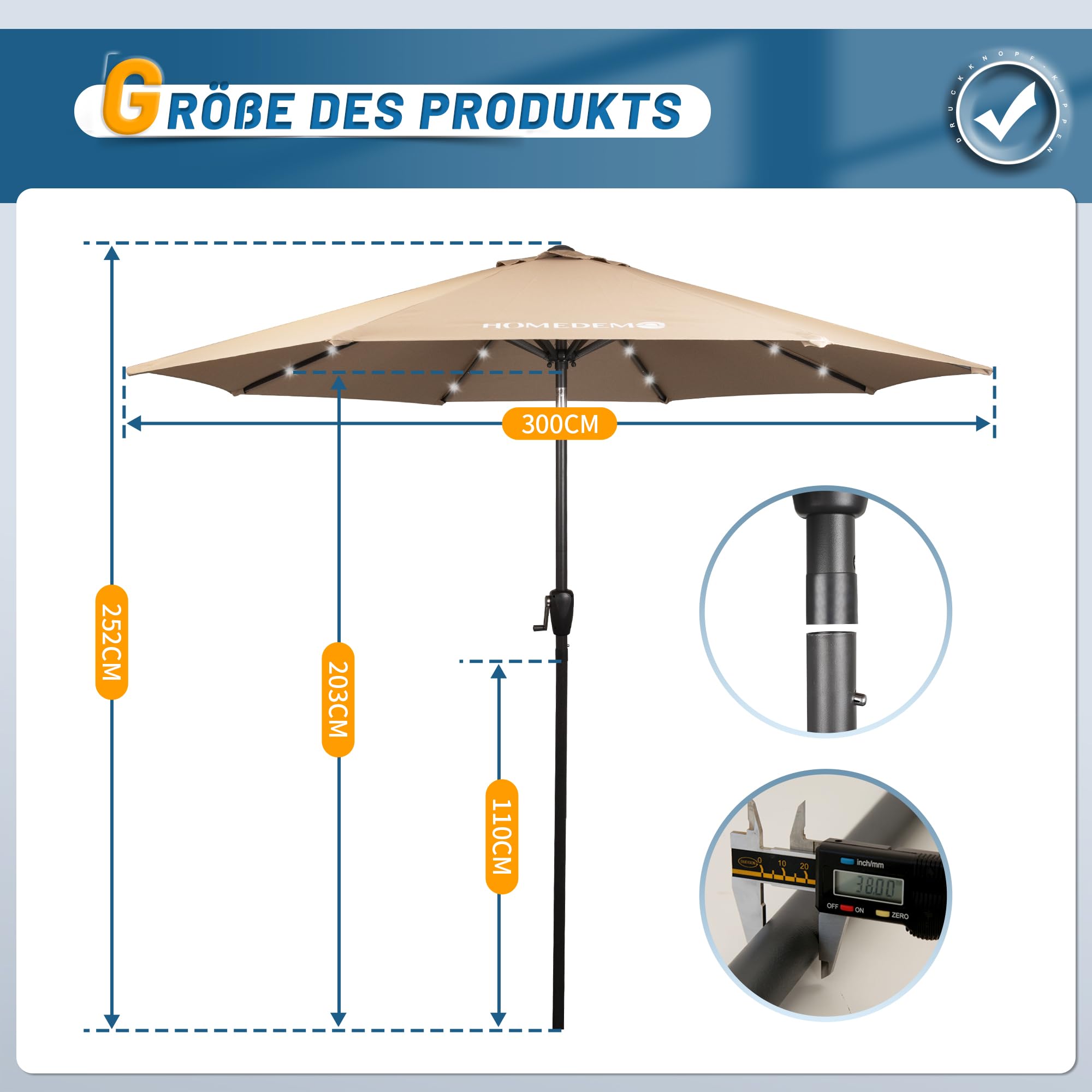 HOMEDEMO Groß Garten Sonnenschirme mit Kurbel und LED-Licht