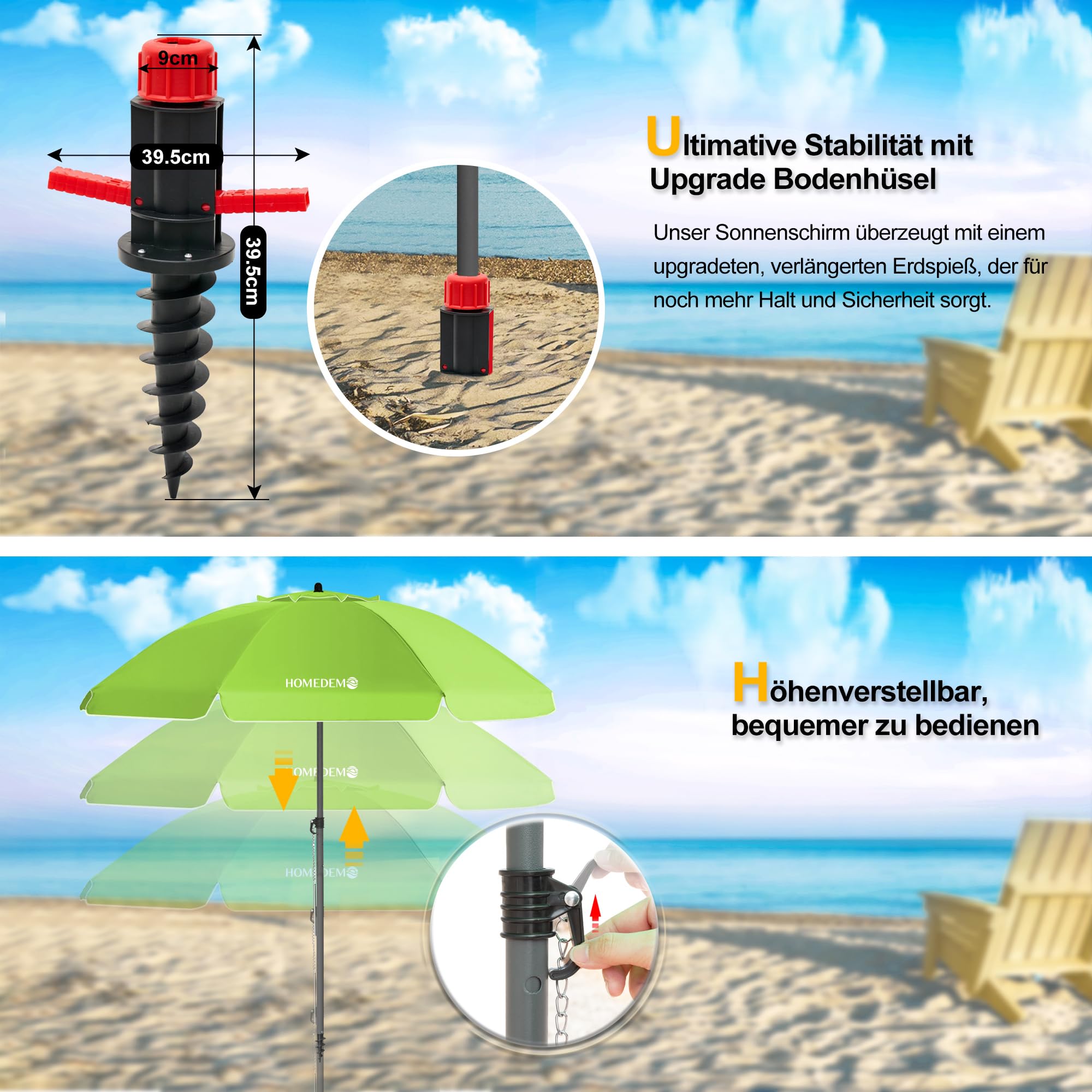 HOMEDEMO Strandschirm Sonnenschirm mit Upgrade Boden Hülse