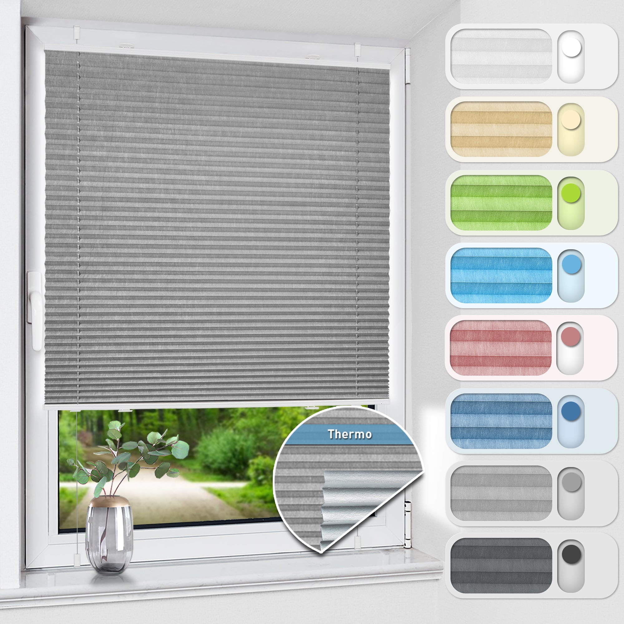 HOMEDEMO Plissee ohne Bohren verdunkelung, Thermo Plisseerollo Klemmfix, Hellgrau