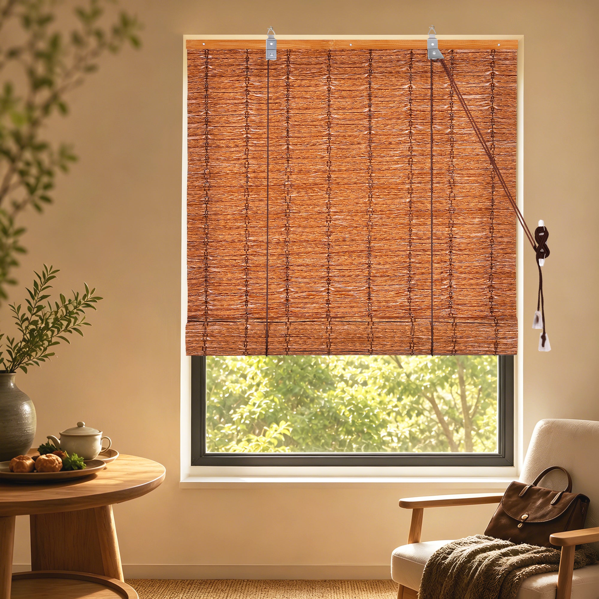HOMEDEMO PE Rollo Outdoor wetterfest, Sichtschutz Sonnenschutz, Bambus Look Rollo für Innen- und außenbereich Bambusrollo Jalousie