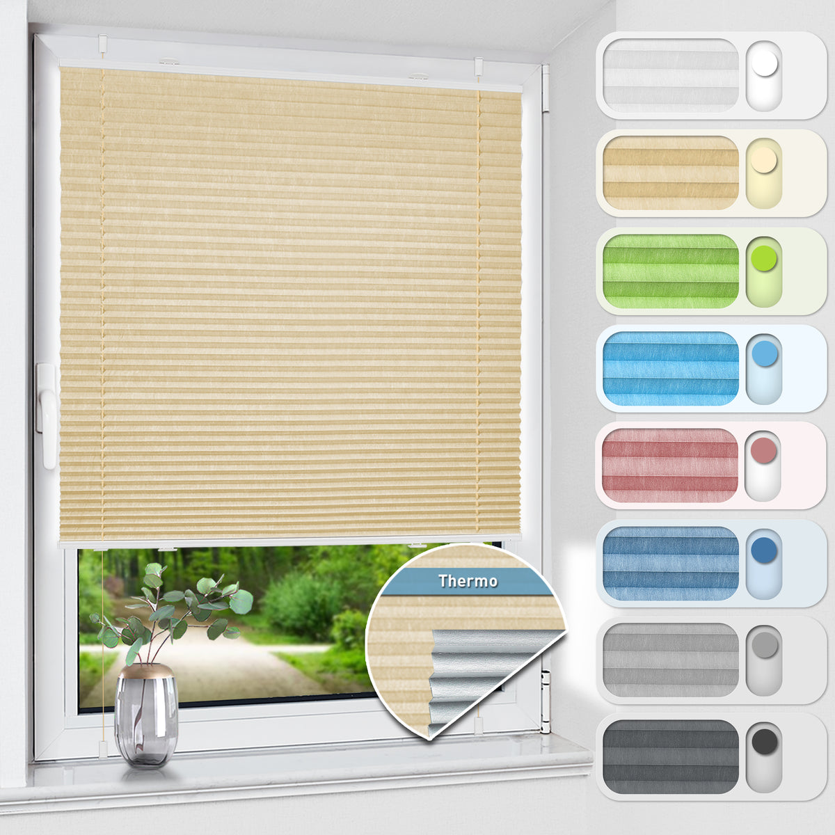 HOMEDEMO Plissee ohne Bohren verdunkelung, Thermo Plisseerollo Klemmfix, Hellbeige