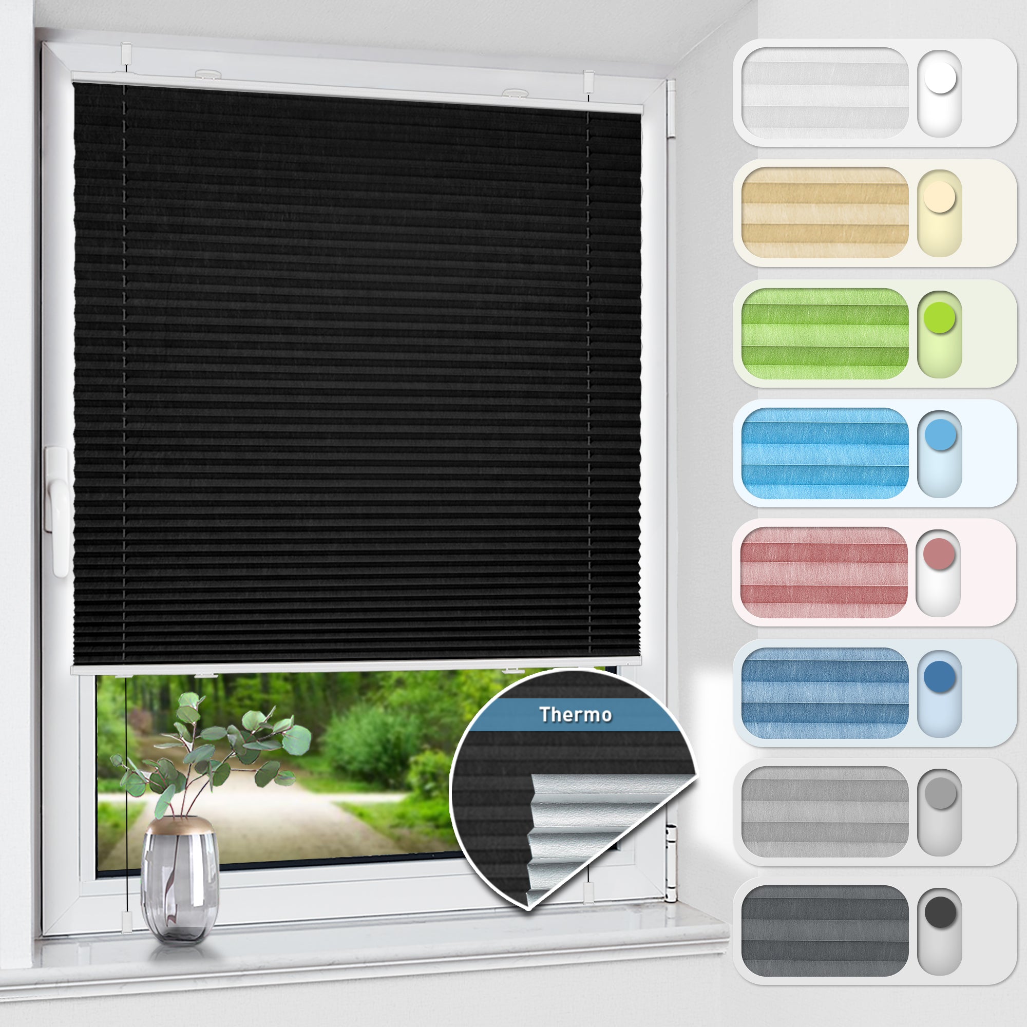 HOMEDEMO Plissee ohne Bohren verdunkelung, Thermo Plisseerollo Klemmfix,Schwarz