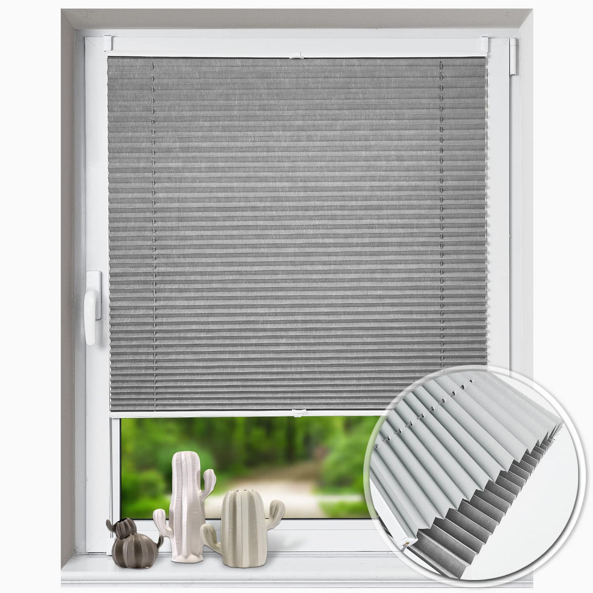 HOMEDEMO Plissee ohne Bohren verdunkelung, Thermo Plisseerollo Klemmfix, Grau