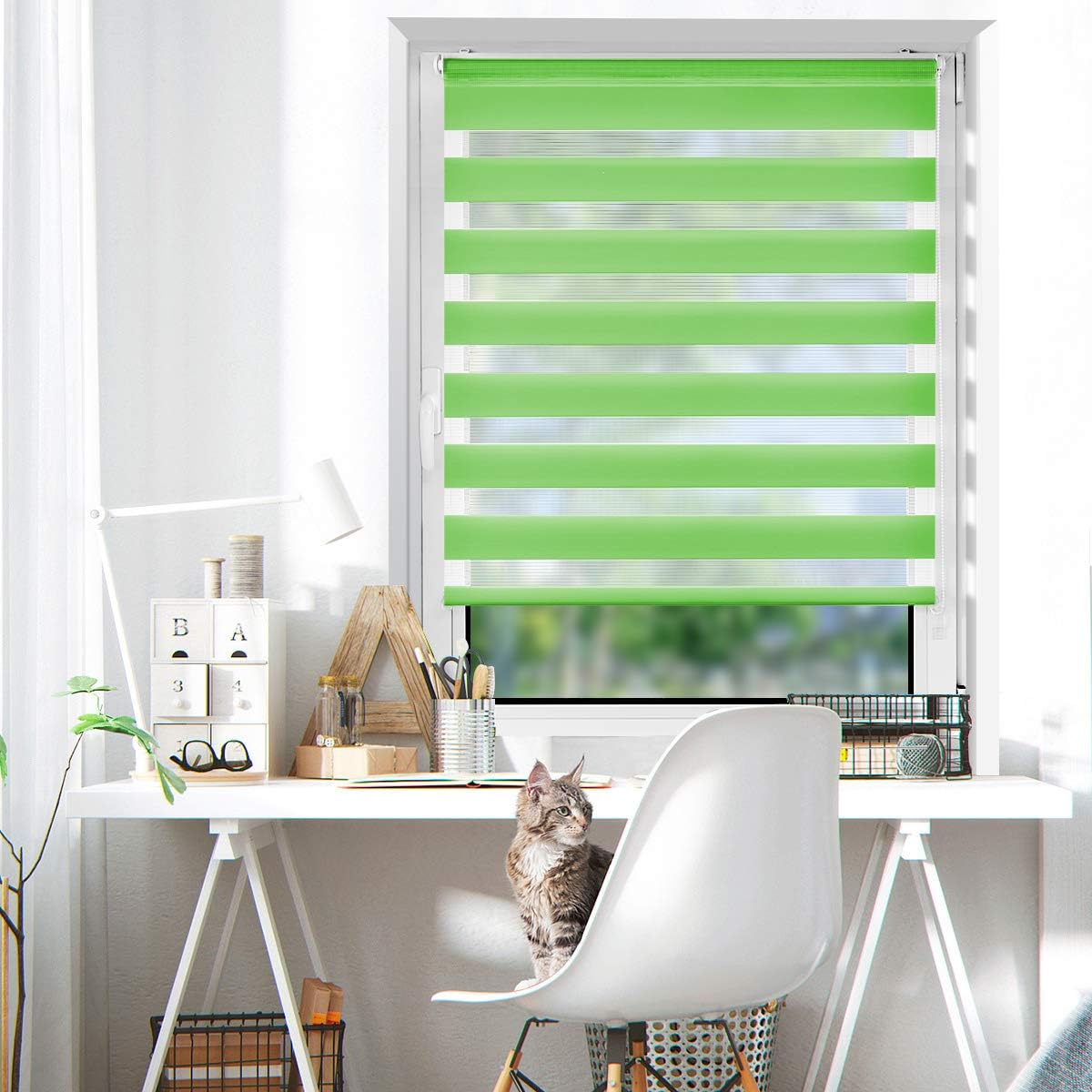 HOMEDEMO Doppelrollo Klemmfix ohne Bohren & mit Bohren, Rollos für Fenster und Tür,Leinen-grau,Weiss-grau-grün,Grün,Leinen