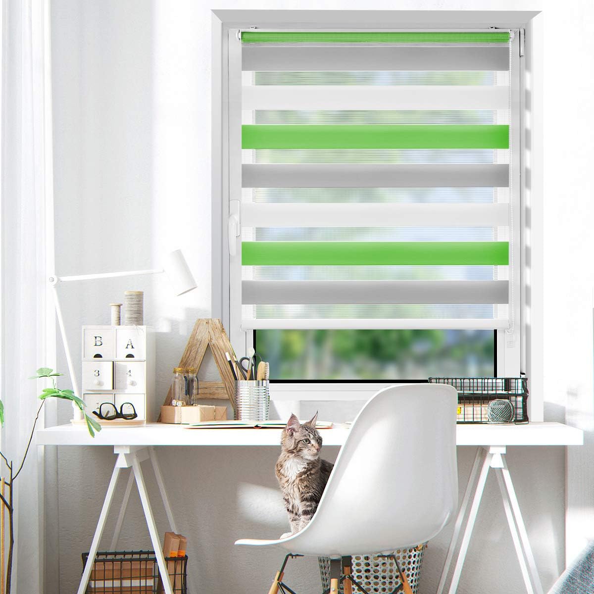 HOMEDEMO Doppelrollo Klemmfix ohne Bohren & mit Bohren, Rollos für Fenster und Tür,Leinen-grau,Weiss-grau-grün,Grün,Leinen