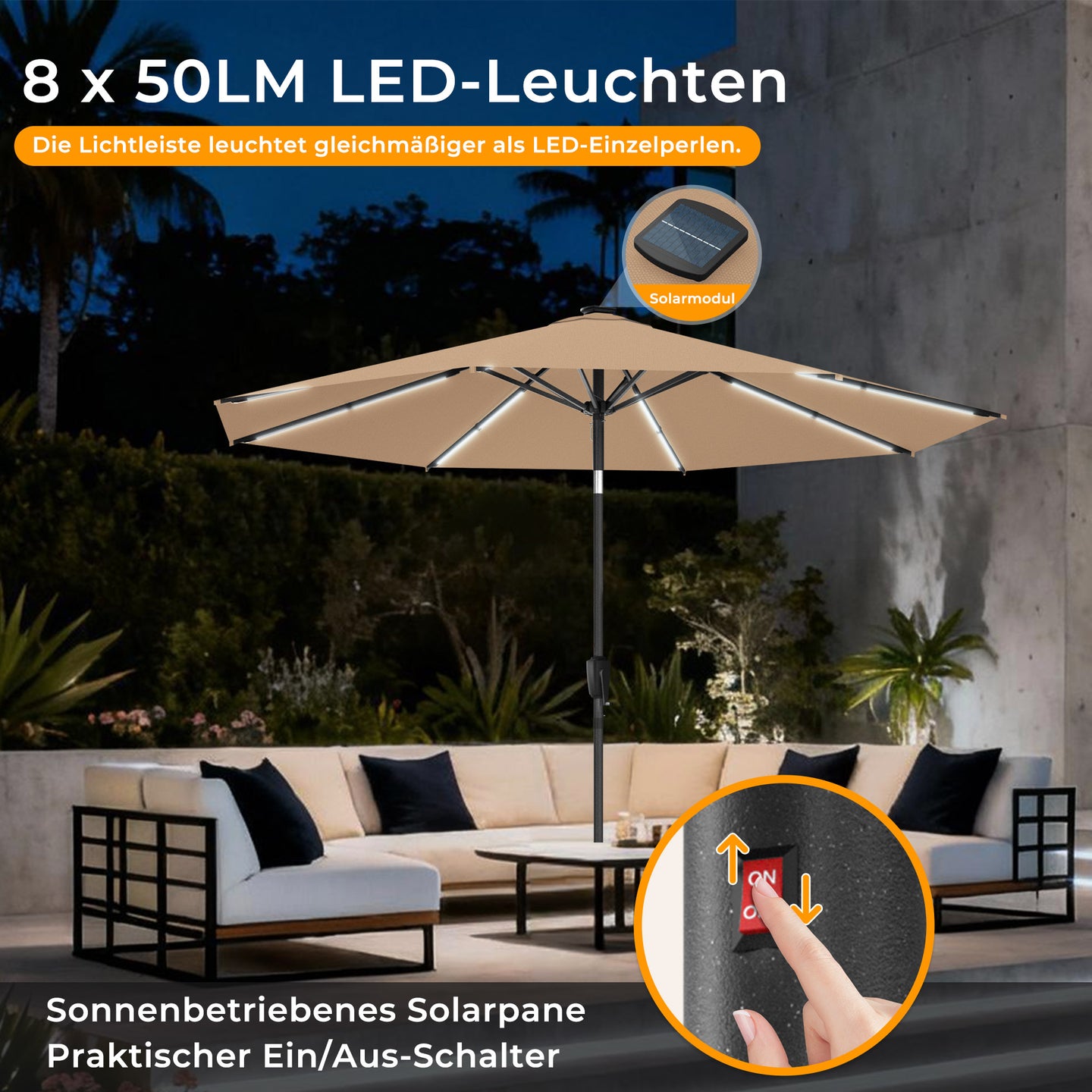HOMEDEMO  Groß Garten Sonnenschirme mit Kurbel und LED-Licht