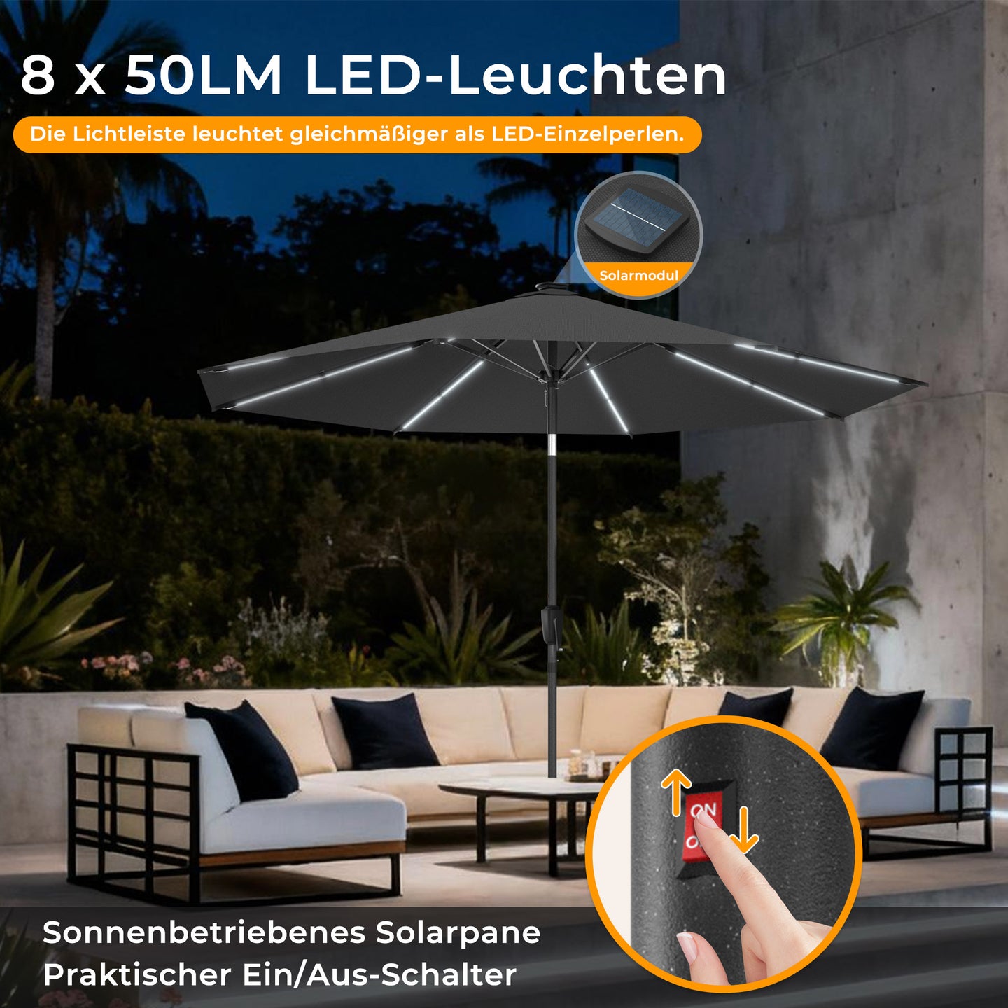 HOMEDEMO  Groß Garten Sonnenschirme mit Kurbel und LED-Licht