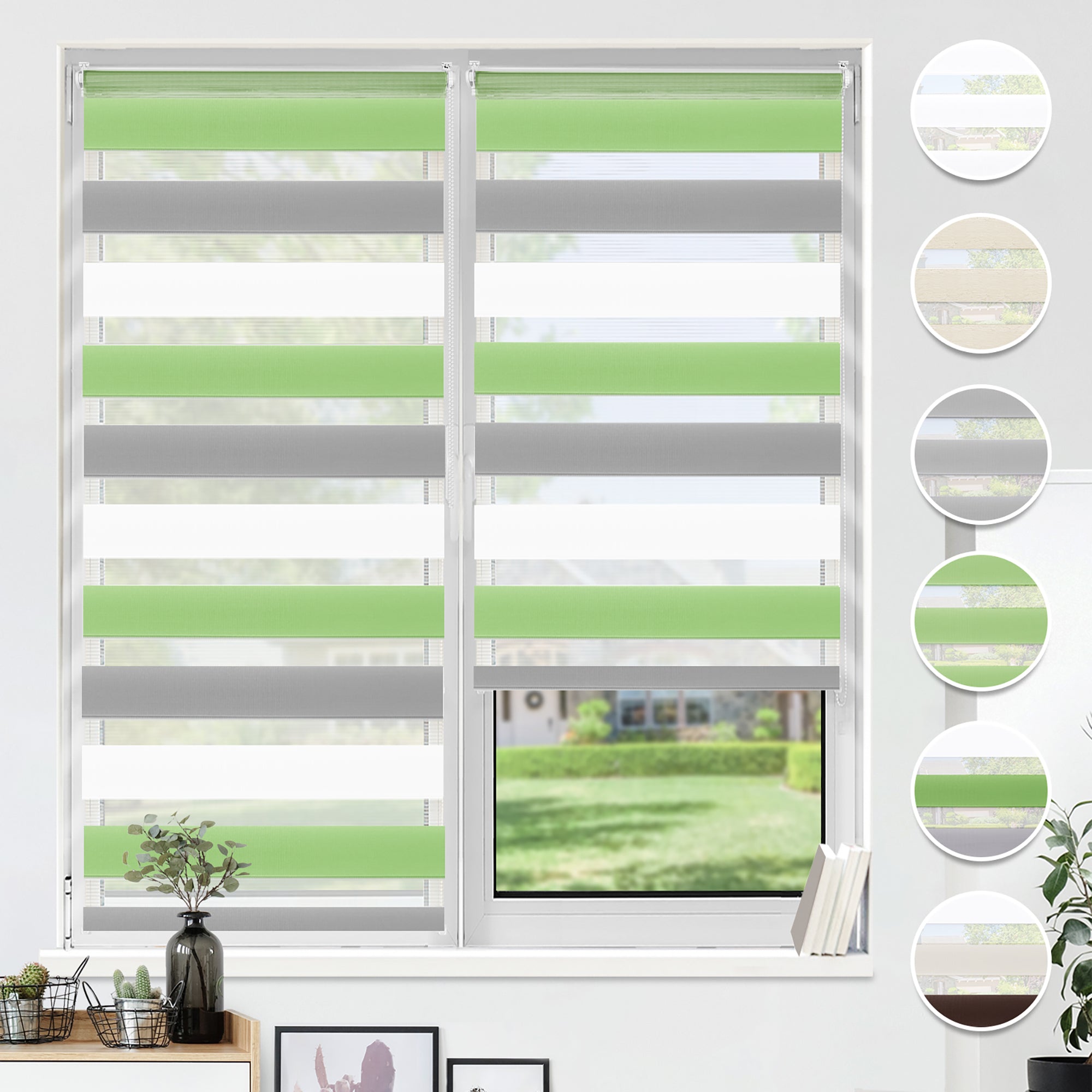 HOMEDEMO Doppelrollo Klemmfix ohne Bohren & mit Bohren, Rollos für Fenster und Tür,Leinen-grau,Weiss-grau-grün,Grün,Leinen