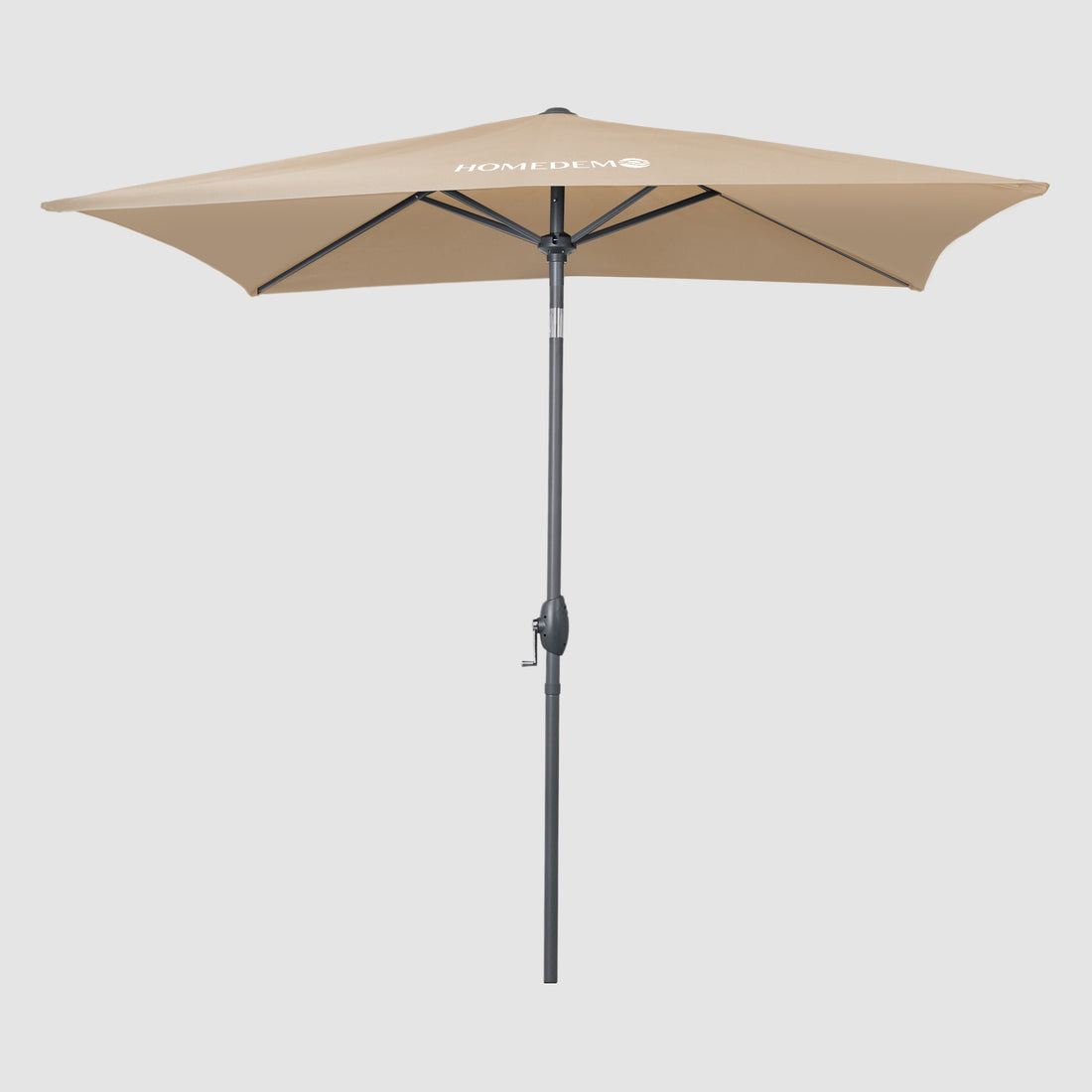 The Rectangular Patio Parasol Umbrella in khaki, seen from the front, with the umbrella fully opened to reveal the underside and the entire surface.