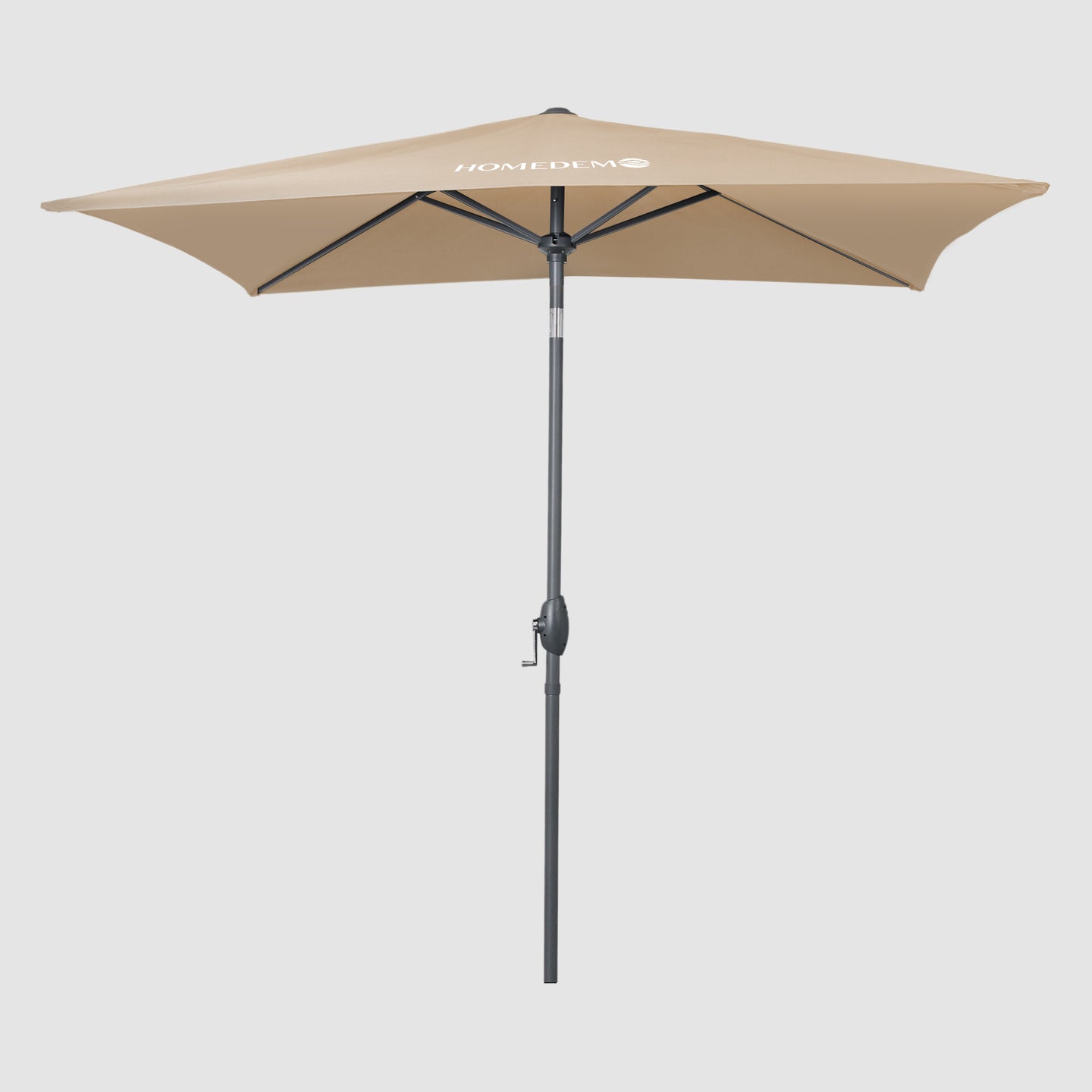 The Rectangular Patio Parasol Umbrella in khaki, seen from the front, with the umbrella fully opened to reveal the underside and the entire surface.