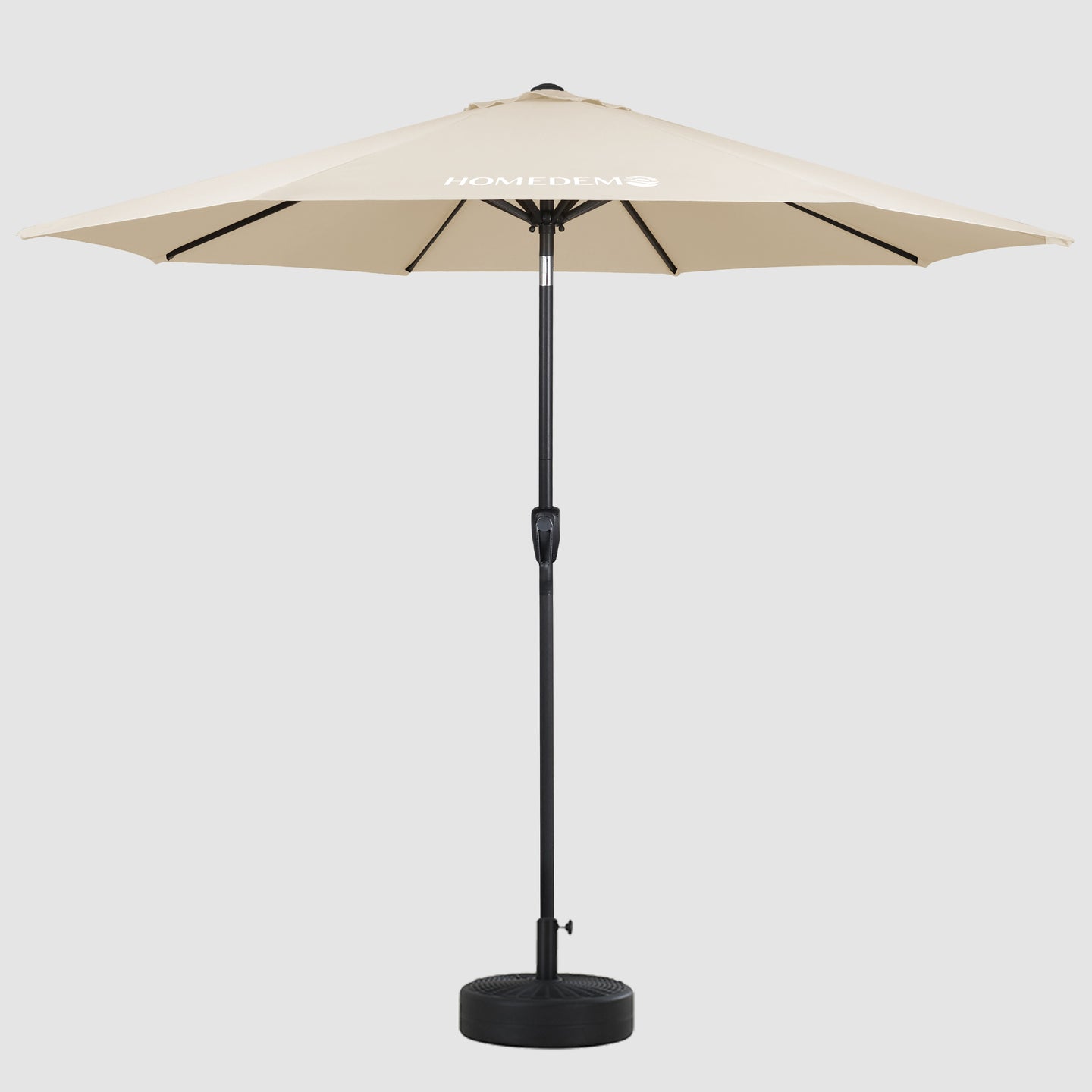 Quality and durability from the front Beige patio umbrella with windproof cap, you can see the umbrella surface and the black pole. 