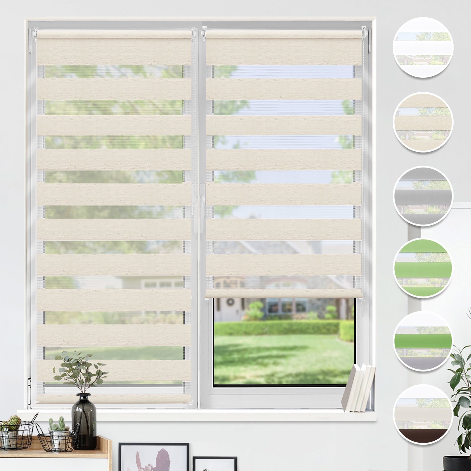 HOMEDEMO Doppelrollo Klemmfix ohne Bohren & mit Bohren, Rollos für Fenster und Tür,Leinen-grau,Weiss-grau-grün,Grün,Leinen