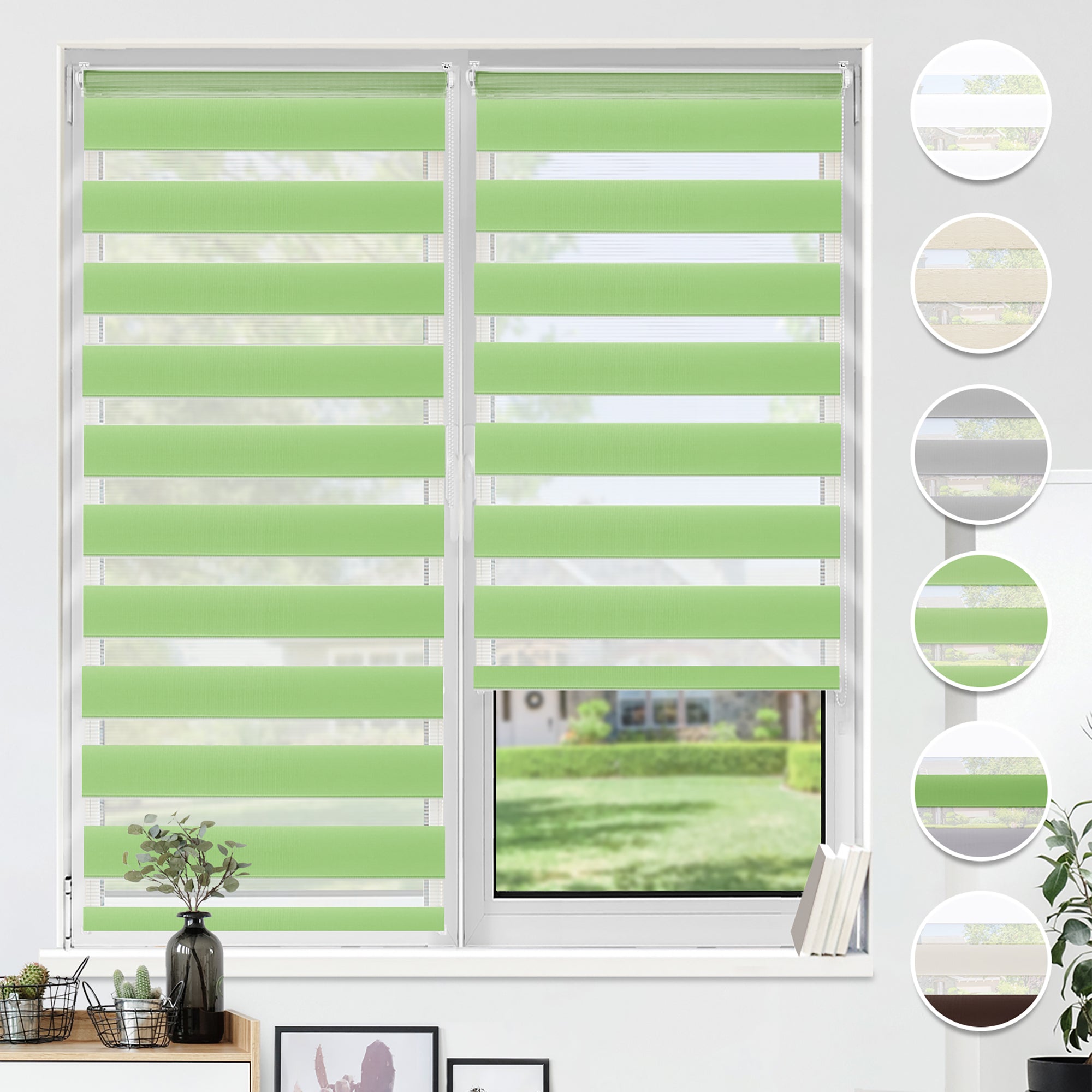 HOMEDEMO Doppelrollo Klemmfix ohne Bohren & mit Bohren, Rollos für Fenster und Tür,Leinen-grau,Weiss-grau-grün,Grün,Leinen