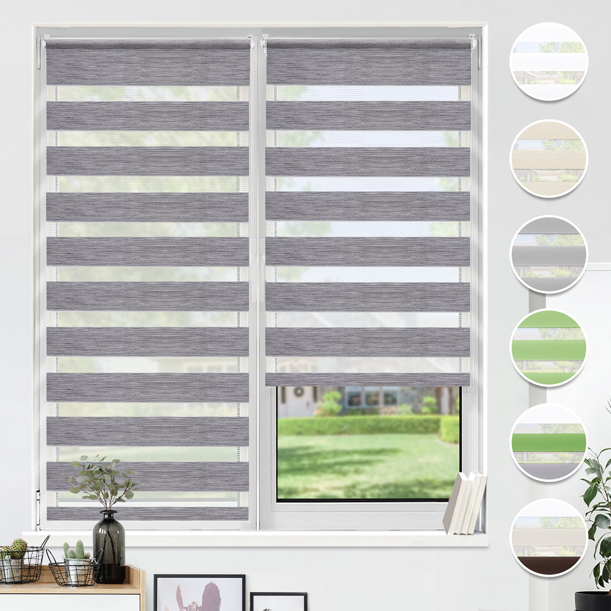 HOMEDEMO Doppelrollo Klemmfix ohne Bohren & mit Bohren, Rollos für Fenster und Tür,Leinen-grau,Weiss-grau-grün,Grün,Leinen