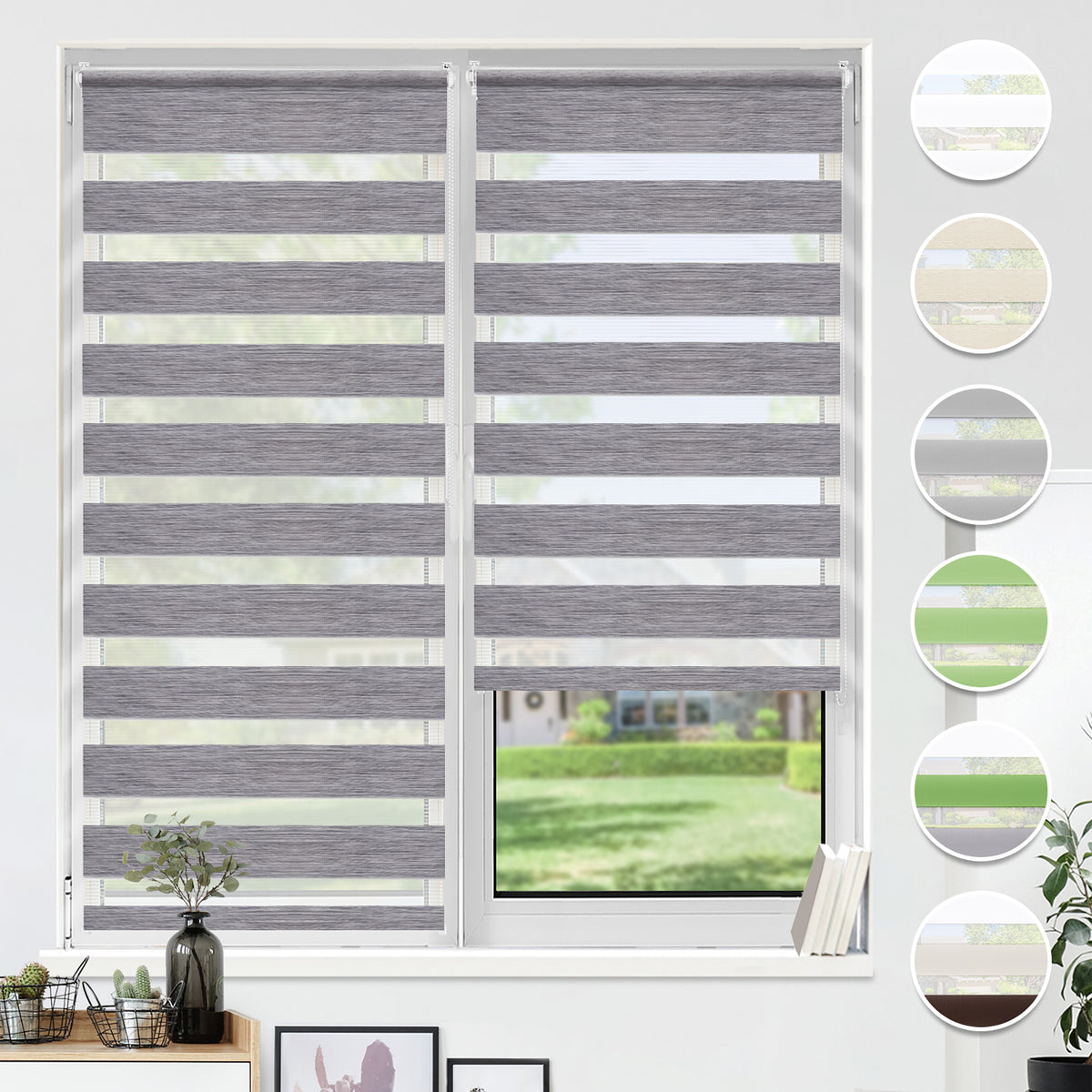 HOMEDEMO Doppelrollo Klemmfix ohne Bohren & mit Bohren, Rollos für Fenster und Tür,Leinen-grau,Weiss-grau-grün,Grün,Leinen