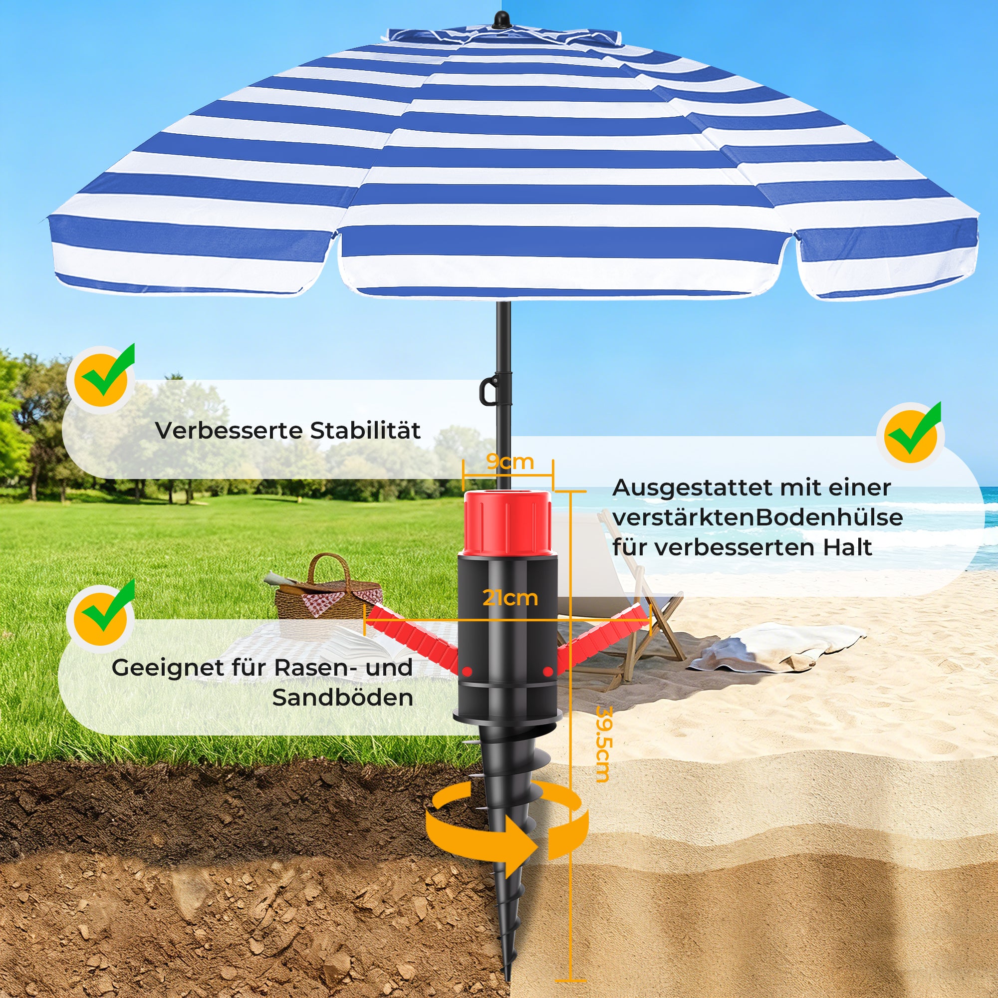 HOMEDEMO Sonnenschirm Strandschirm mit Bodenhülse, Gartenschirm Marktschirm,UV50+