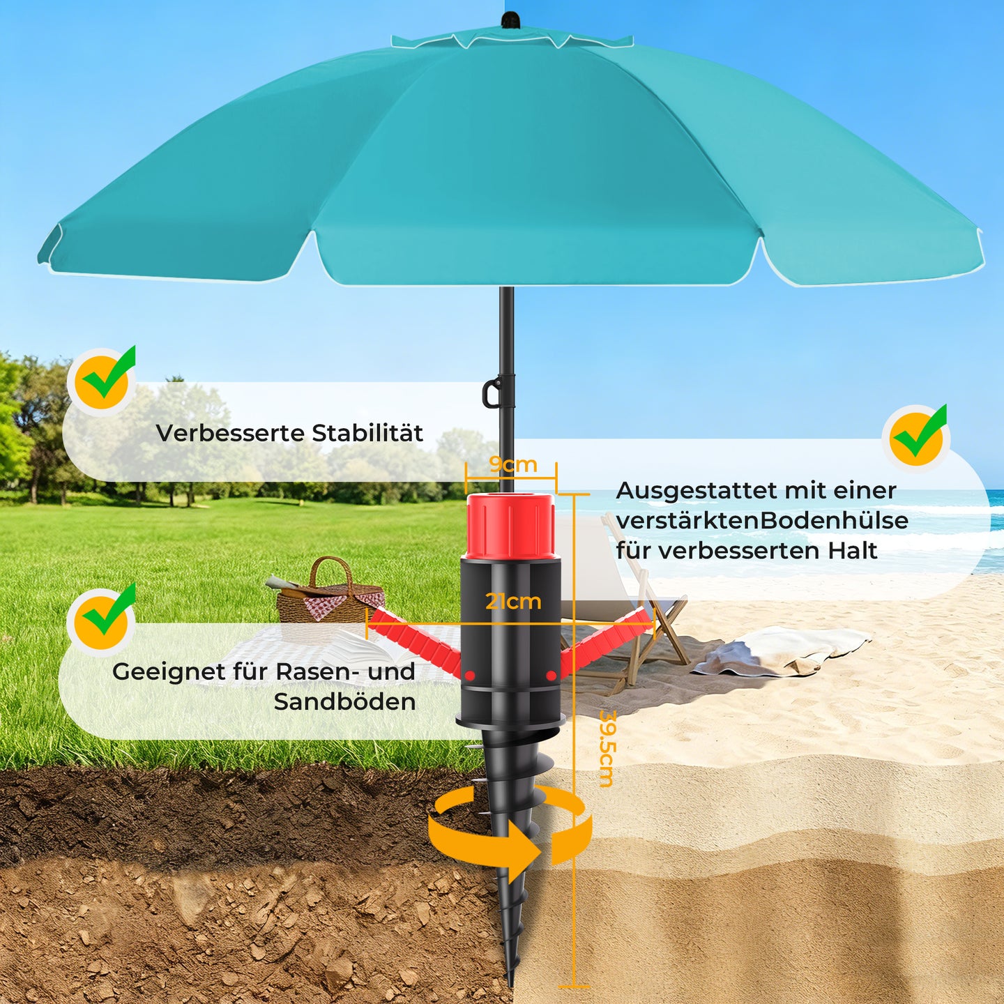 HOMEDEMO Sonnenschirm Strandschirm mit Bodenhülse, Gartenschirm Marktschirm,UV50+